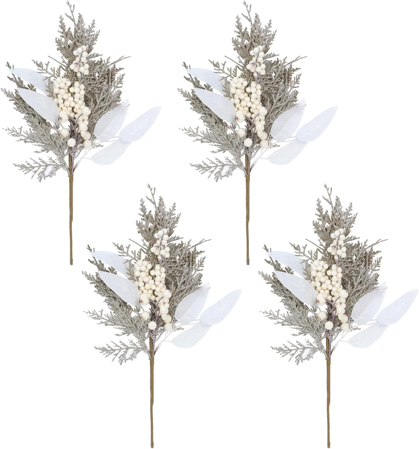 18" Deluxe Christmas Holiday Sprays 4 Pack with Champagne/Gold Glittered Faux Branches, White Glittered Berries and Fabric Eucalyptus Leaves Glittered in White and Silver