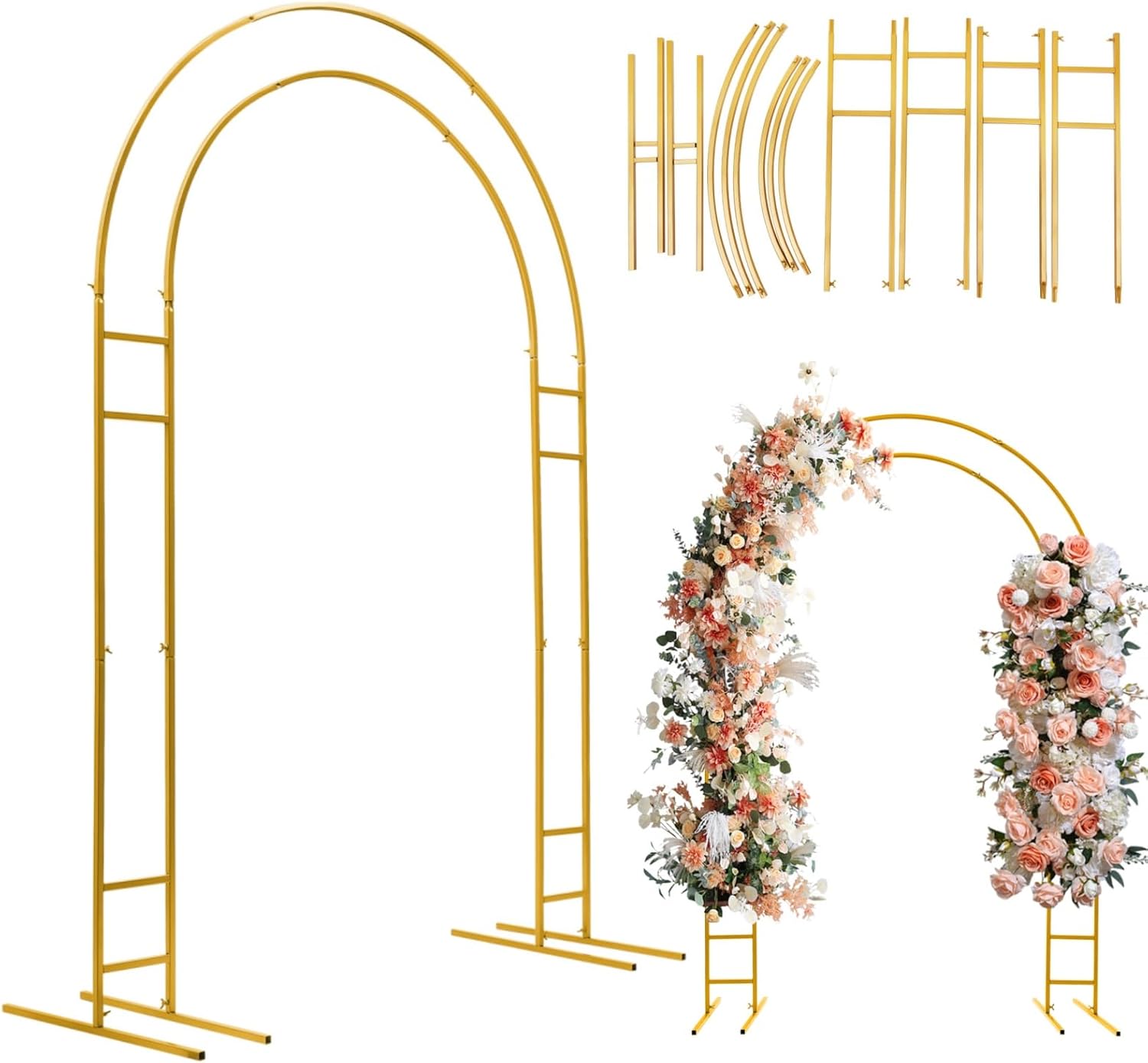 7.2ft Metal Wedding Arch with Base, Sturdy Gold Balloon Backdrop Stand Large Metal Ring Frame Round Backdrop Stand for Garden, Lawn, Backyard, Indoor, Outdoor, Wedding, Party, Double Tube Stand