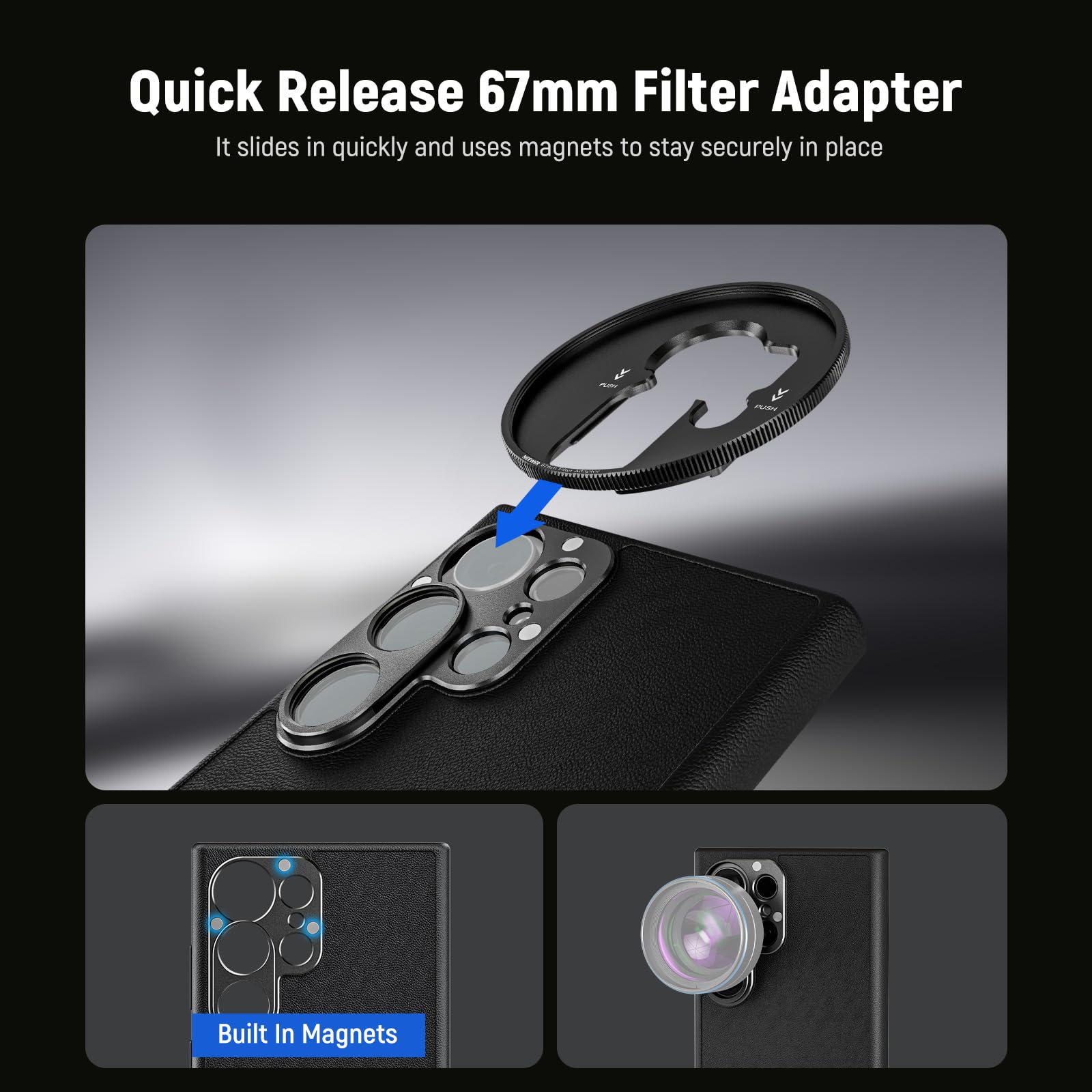 NEEWER S25 Ultra Case, Custodia Protettiva per Telefono in Pelle Artificiale con Attacchi Lenti 17mm Adattatore Filtro 67mm per Video, Compatibile con Samsung Galaxy S25 Ultra Ricarica MagSafe, PA092