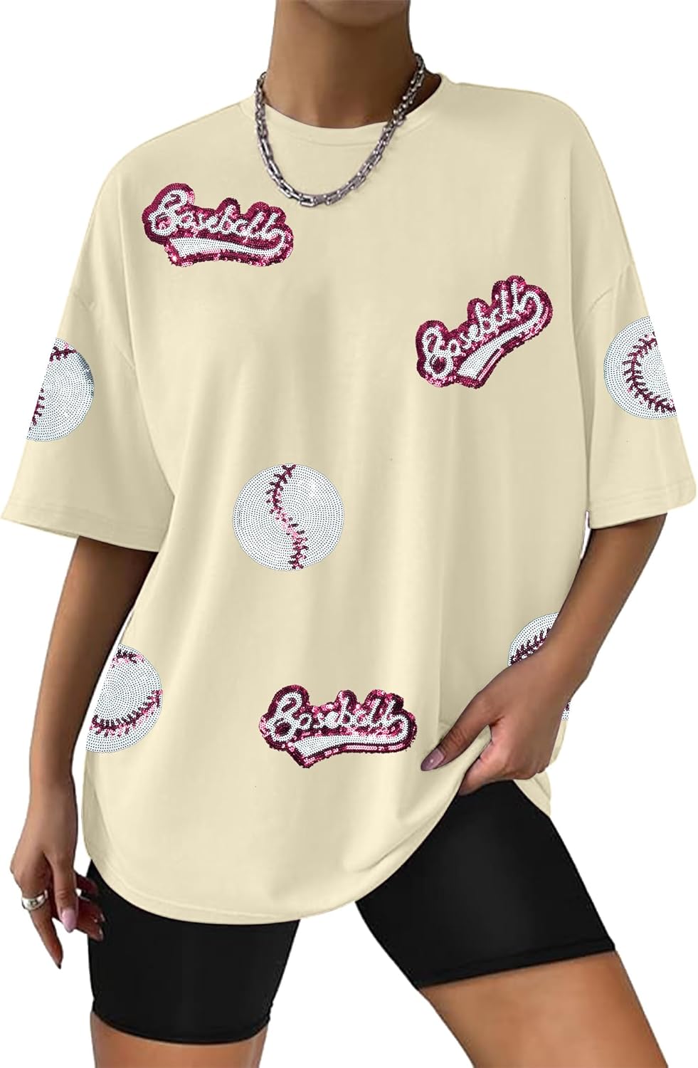 Baseball Shirts Women Oversized Sparkle Baseball Sequin Graphic Tee Baseball Mom Shirt Game Day Gifts Short Sleeve Tops - Image 4