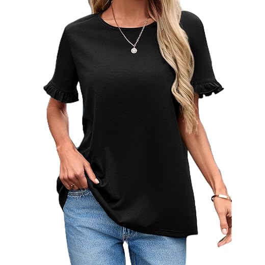 Camisetas femininas casuais com babados, manga curta, gola redonda, túnica de verão, linda blusa de ajuste solto