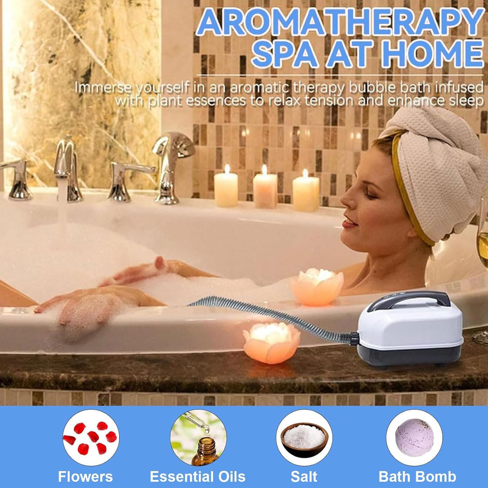 Massaggiatore portatile per bagnoschiuma, tappetino antiscivolo impermeabile spa con fondo a ventosa, tappetino vasca da bagno con telecomando e cuscino, pompa dell'aria elettrica e bolle regolabili