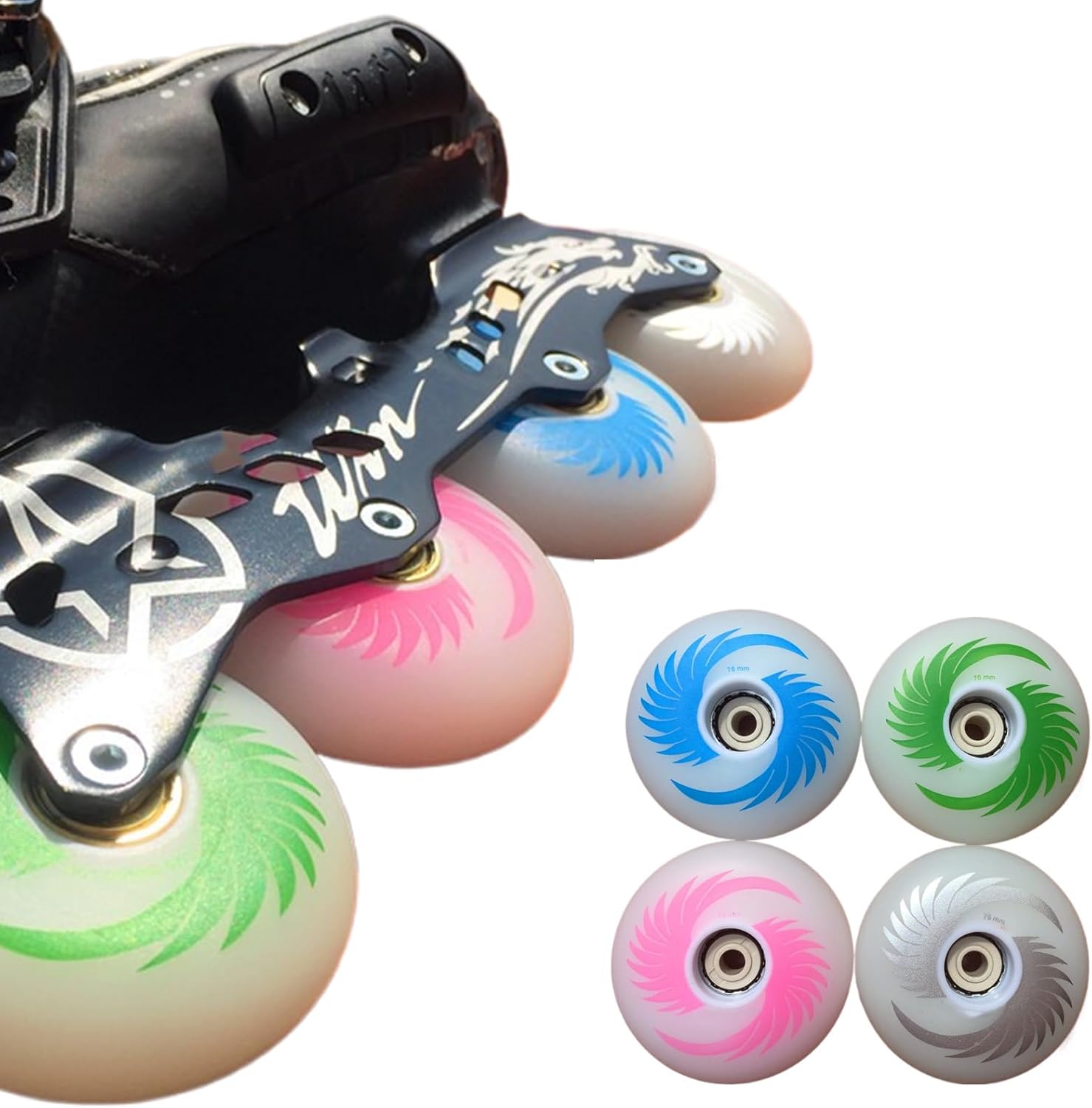 8 Pack Light Up Inline Skate Wheels Roller skate Wheels with ABEC-9 Bearing 72mm 76mm 80mm Inline Skate Replacement Wheels 85A for Indoor & Outdoor (Pink)