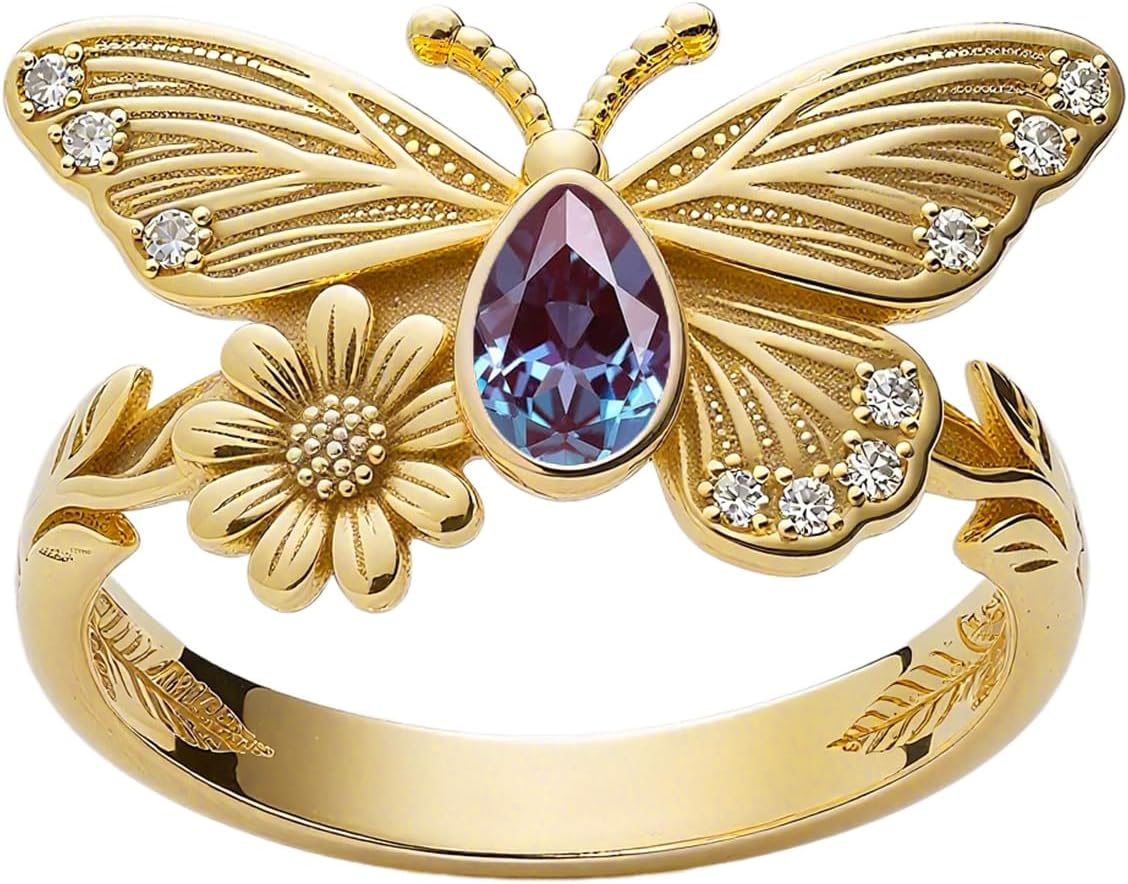 Pear Cut Gemstone Butterfly Rings for Women Butterfly Flower Statement Anniversary Ring Birthstone Ring Jewelry Gifts Size 4-15