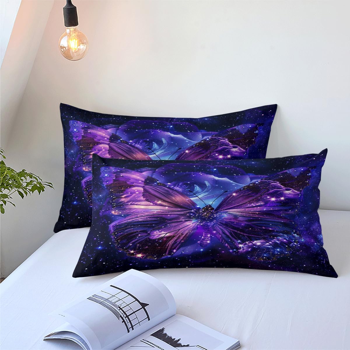 Comforter Set Twin Size Lightweight Kids Teens Adults Purple and Blue Soft Bedding Set 3 Pieces Butterfly Starry Sky Cosmic Microfiber Quilt Set