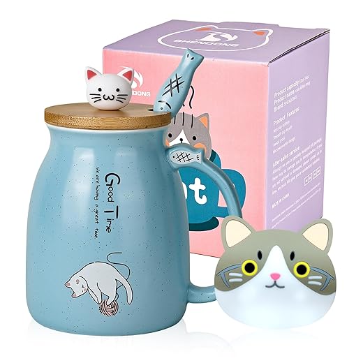 Cute Cat Ceramic Coffee Mug with Lid and Wooden Spoon Kawaii Novelty Morning Mug Tea Mugs Milk for Cat Lover Women Blue