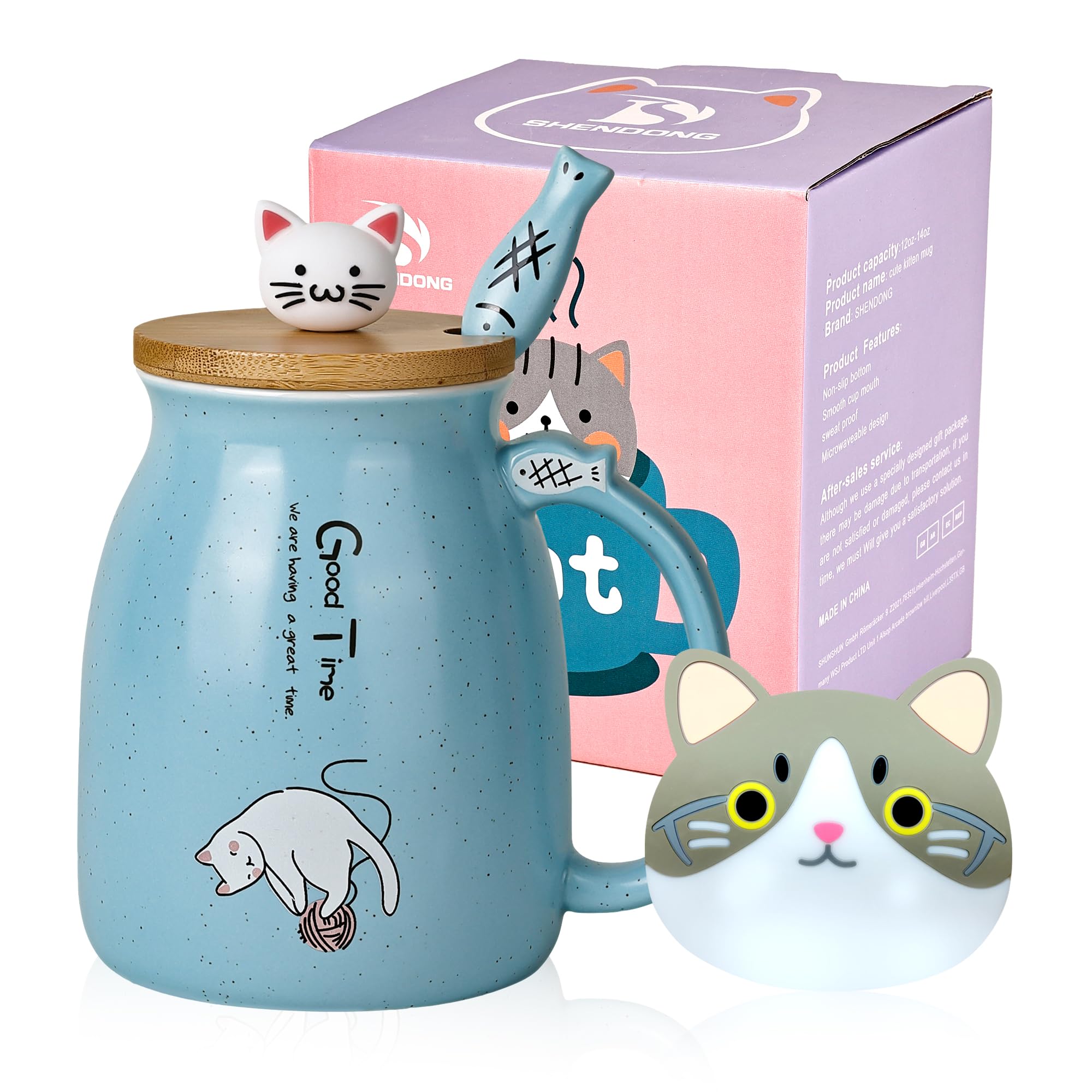 2-pack Kattenmokken Leuke Keramische Koffiemokken In Een Set Van 2 Met Bamboe Deksel En Lepel Nieuwigheid Ochtendbeker Koffiemelk Thee Mok 3d Dierenkattenmokken Voor Kattenliefhebbers