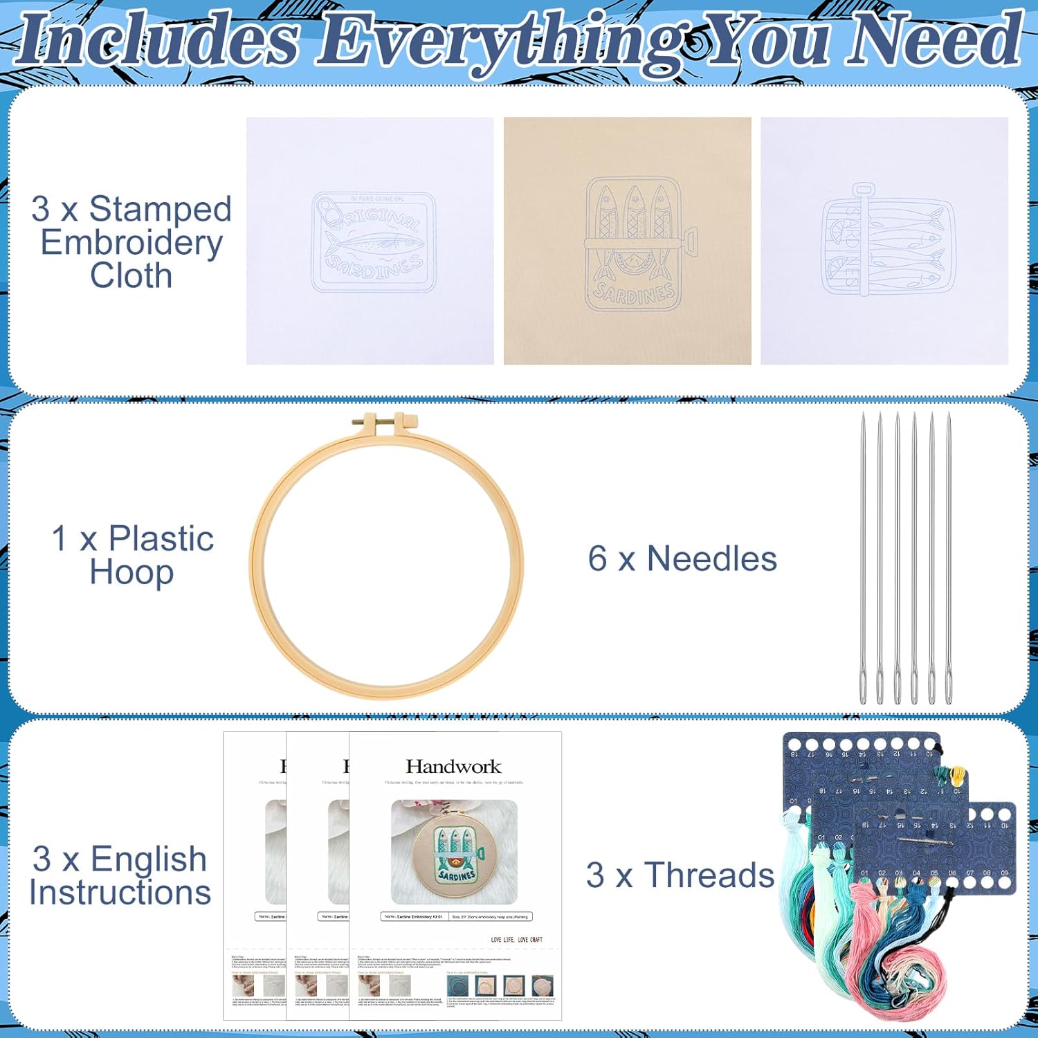 Mindsoft 3 Sets Sardine Embroidery Kit with Embroidery Hoop Easy Pattern Needlepoint Kit for Beginners and Adults Hand Crafts Needlepoint Set with Needles Thread and Instruction