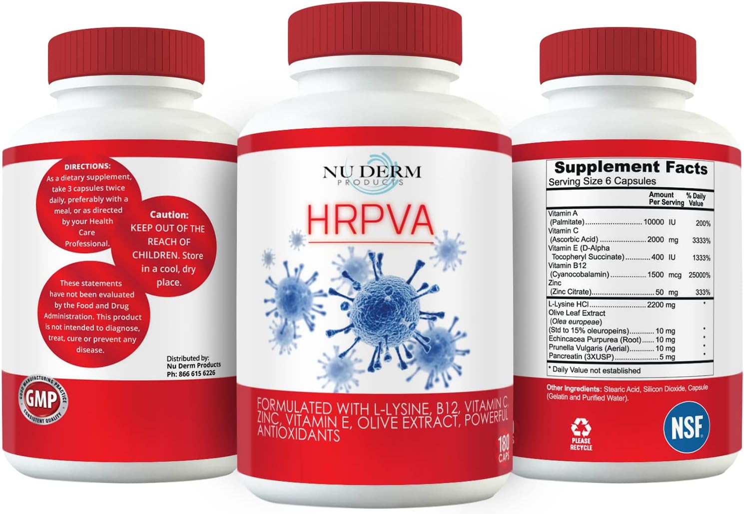 HRPVA Cold Sore Clear Skin Immune Support Supplements Vitamins Canker Sore Treatment L-lysine Olive Leaf, Pancreatin, B12 Vitamin C, B-Complex, Prunella Vulgaris, Vitamin E, ECHI