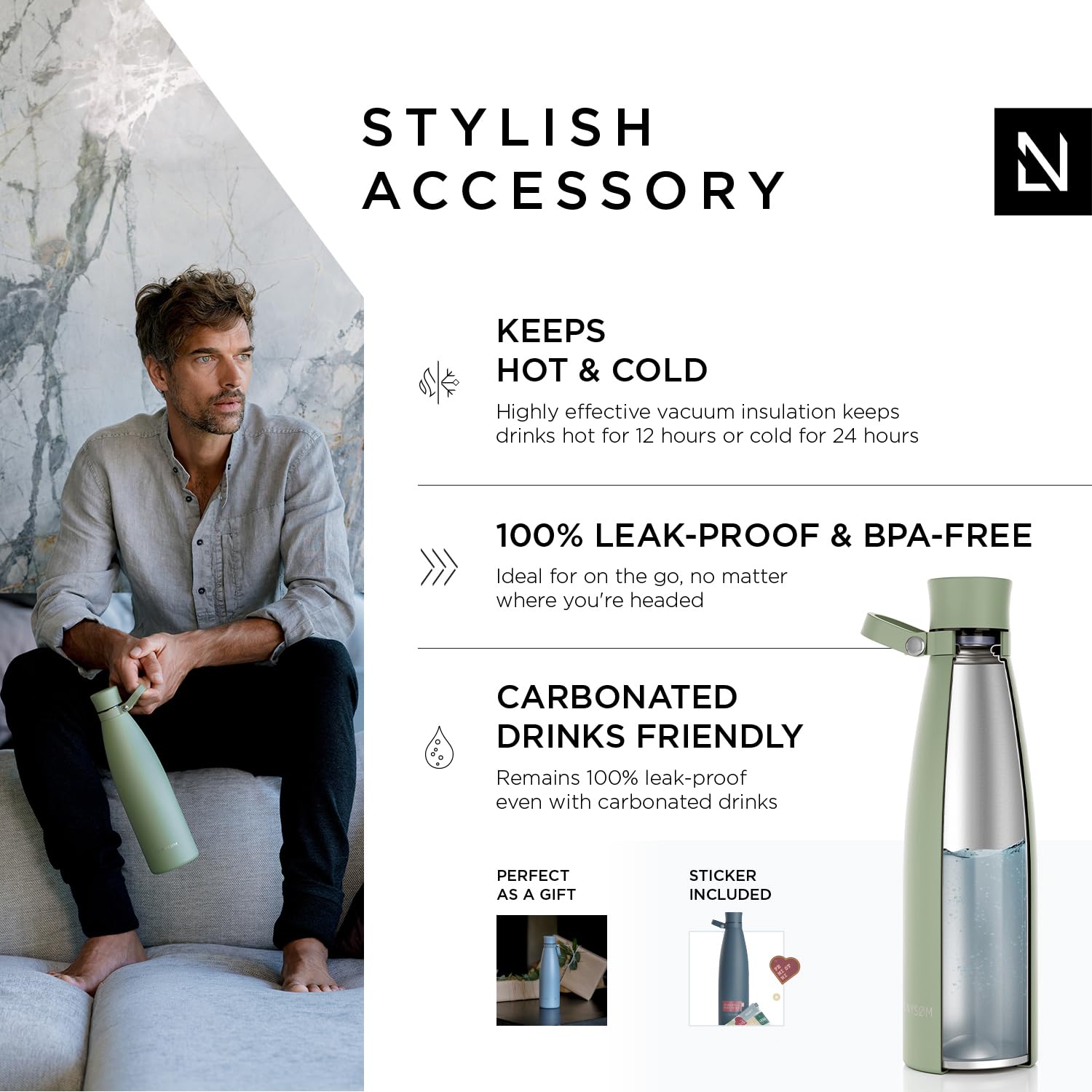 LARS NYSdiameter M Stainless Steel Insulated Water Bottle 750ml, 1L, Sage Green, 750 ml - Image 2