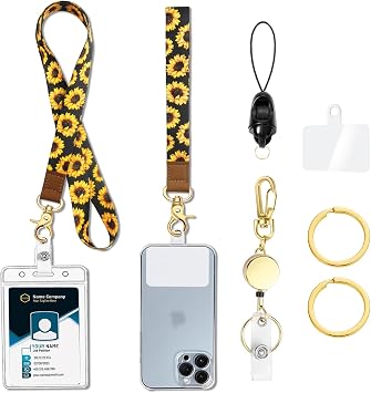 Cute Neck Lanyard with Retractable Badge Reel Clip for Id Badges Holders Keychains, Wristlet Strap Key Chain, Phone Tether Tap, Waterproof Name Card Holder, Offices, Staff, Students Sunflower