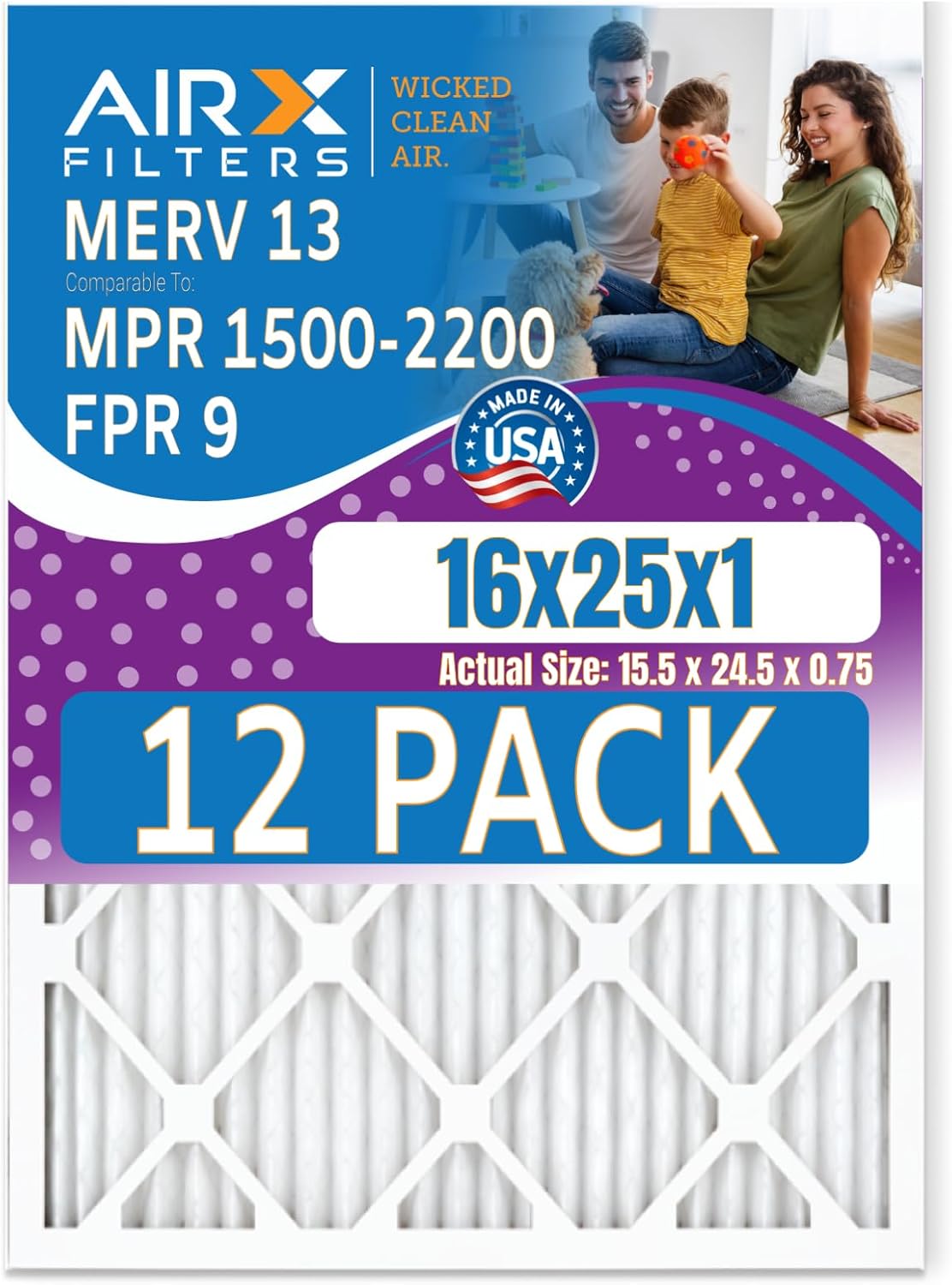 16x25x1 Air Filter MERV 13 Rating, 12 Pack of Furnace Filters Comparable to MPR 1500-2200 & FPR 9 - Made in USA by AIRX FILTERS WICKED CLEAN AIR.
