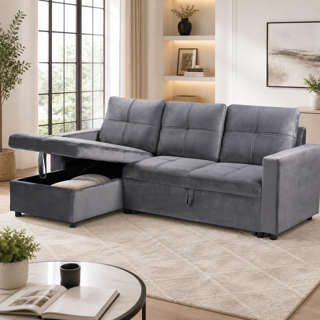 Sofá Cama Chaise Longue BOGA 3 Plazas Gris Terciopelo 215 x 135 cm - Cheslong Reversible con Arcón y Almacenamiento - Sistema de Arrastre - Tapizado Suave - Armazón Pino Macizo - Salón