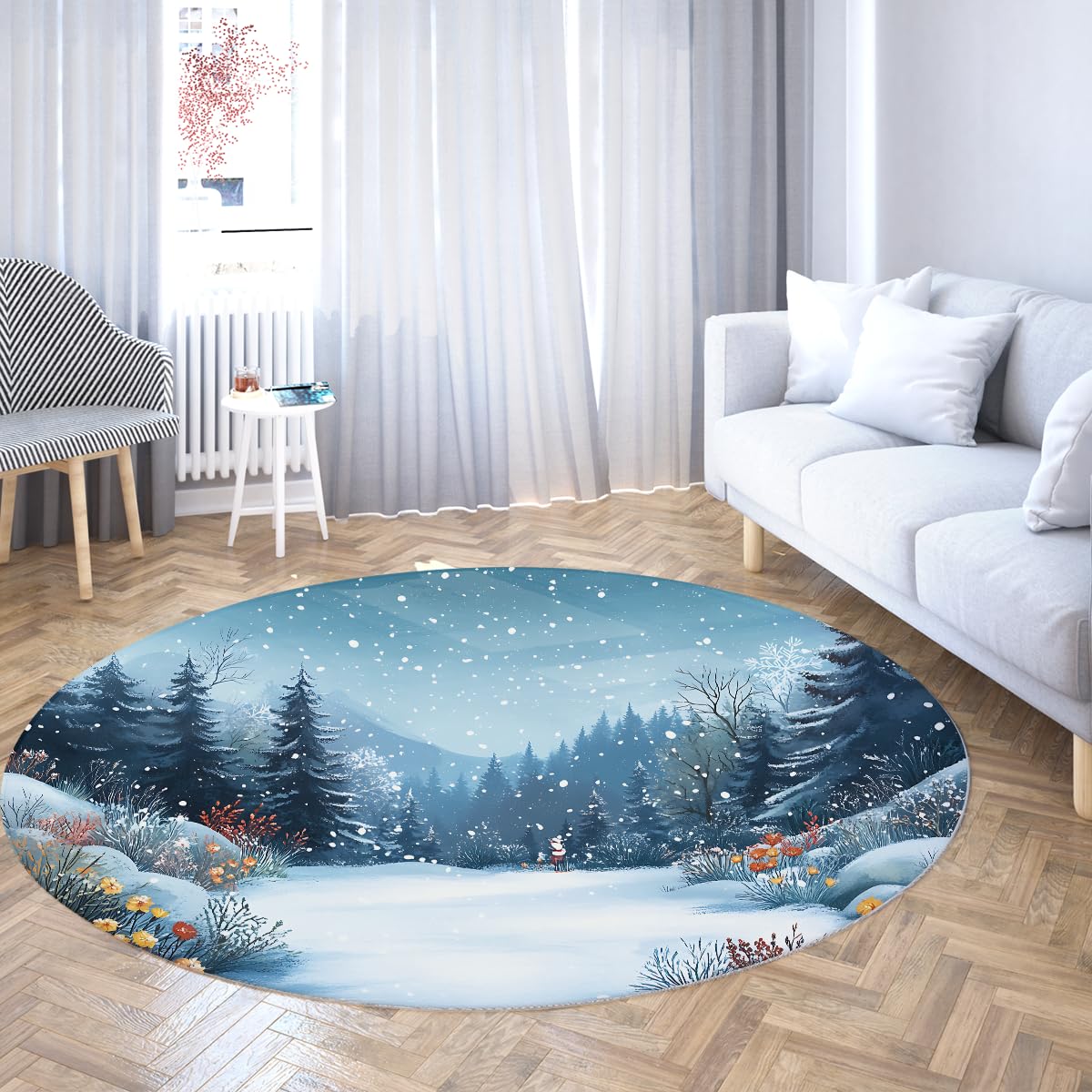 Tapis rond forêt d'hiver pour un salon chaleureux et cocooning