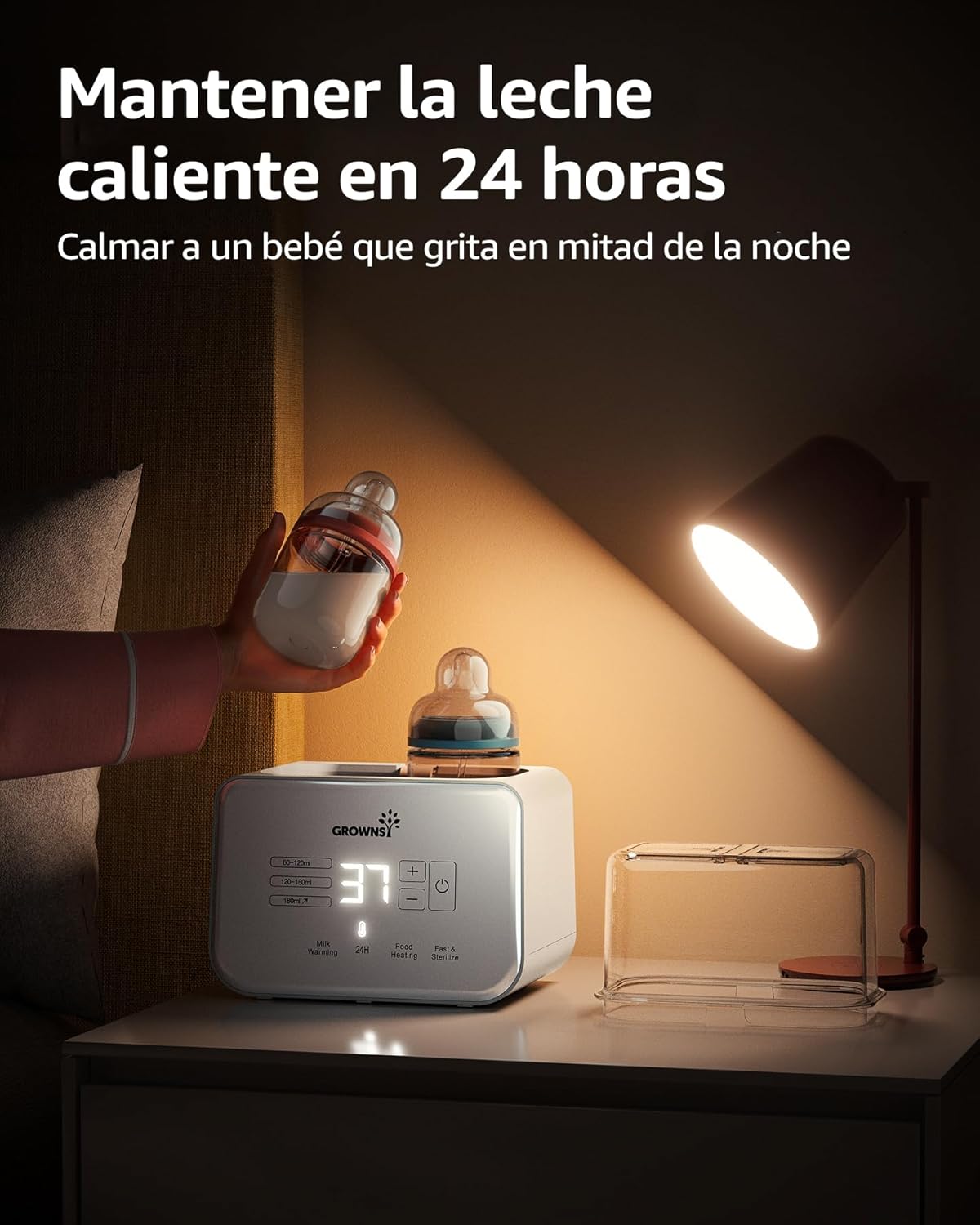 Vista lateral con biberones dentro del esterilizador Grownsy