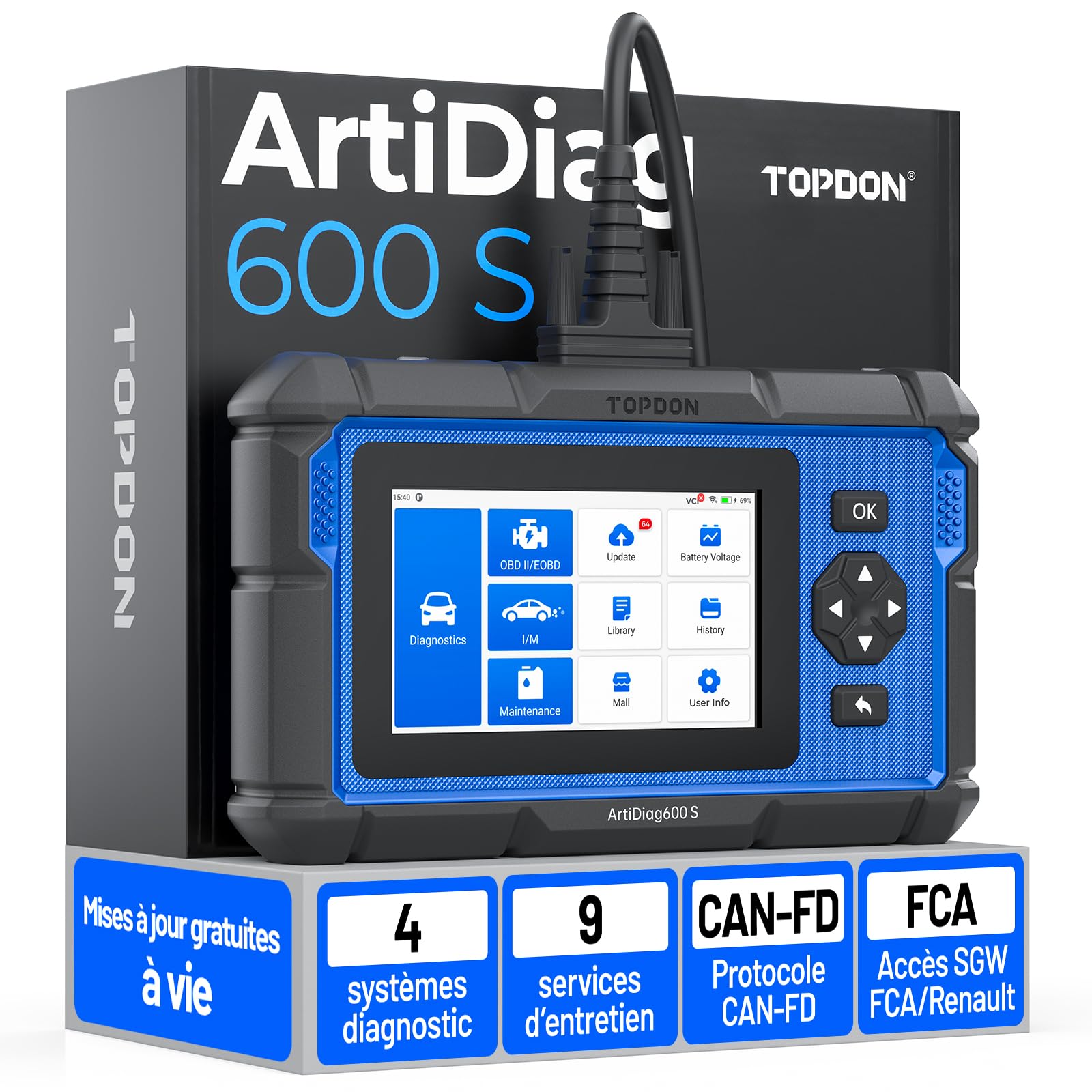 TOPDON ArtiDiag600S Valise Diagnostic Auto OBD2, Outil Diagnostic Voiture pour 4 Systèmes, 9 Fonctions de Réinitialisation sur Huile/Frein/SAS/BMS/ABS/DPF/TPMS/Accélérateur, Fonctions OBD2 Complètes
