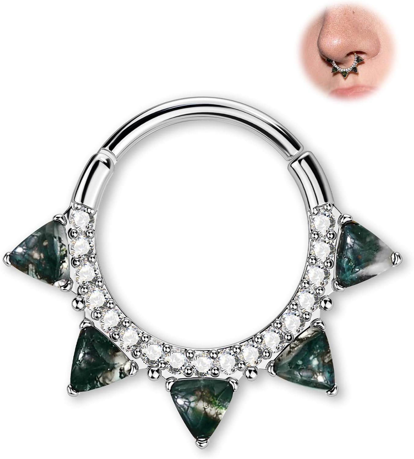 Jewseen Moss Agate Septum Rings 16G Natural Stone Septum Piercing Jewelry 316L Surgical Steel Daith Earrings for Women 8MM 10MM Cute Helix Cartilage Daith Piercing Jewelry Hypoallergenic