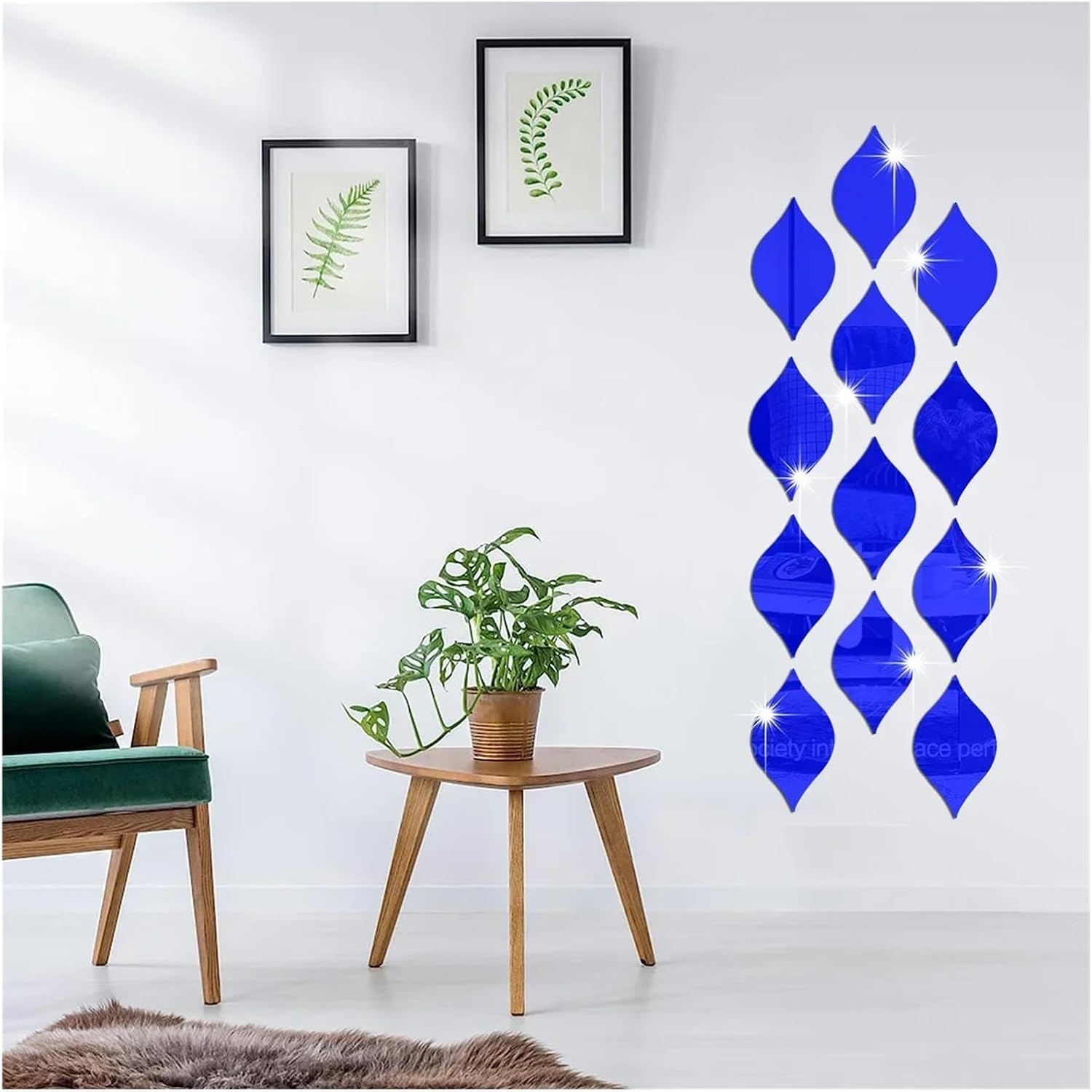 10/20/30pcs Bathroom Leaf Mirror Wall Sticker Home Decoration Self-Adhesive Art Mural Living Room Kitchen Wallpaper(Blue,10pcs 15x8cm)