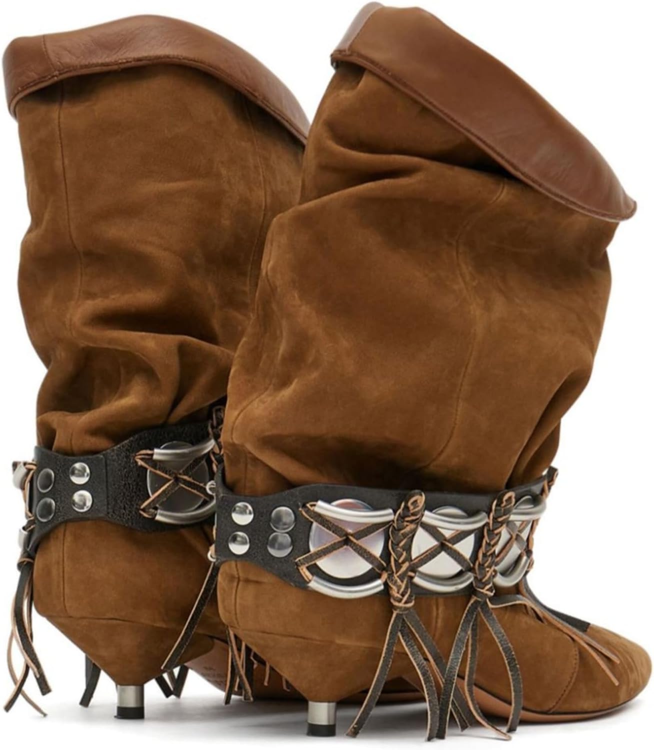 Western Cowboy Boots for Women Slouchy Cowgirl Boots with Fringe Ruched Slip-On Mid Calf Kitten Low Heels Pointy Toe Boots for Party Country Concert Wedding