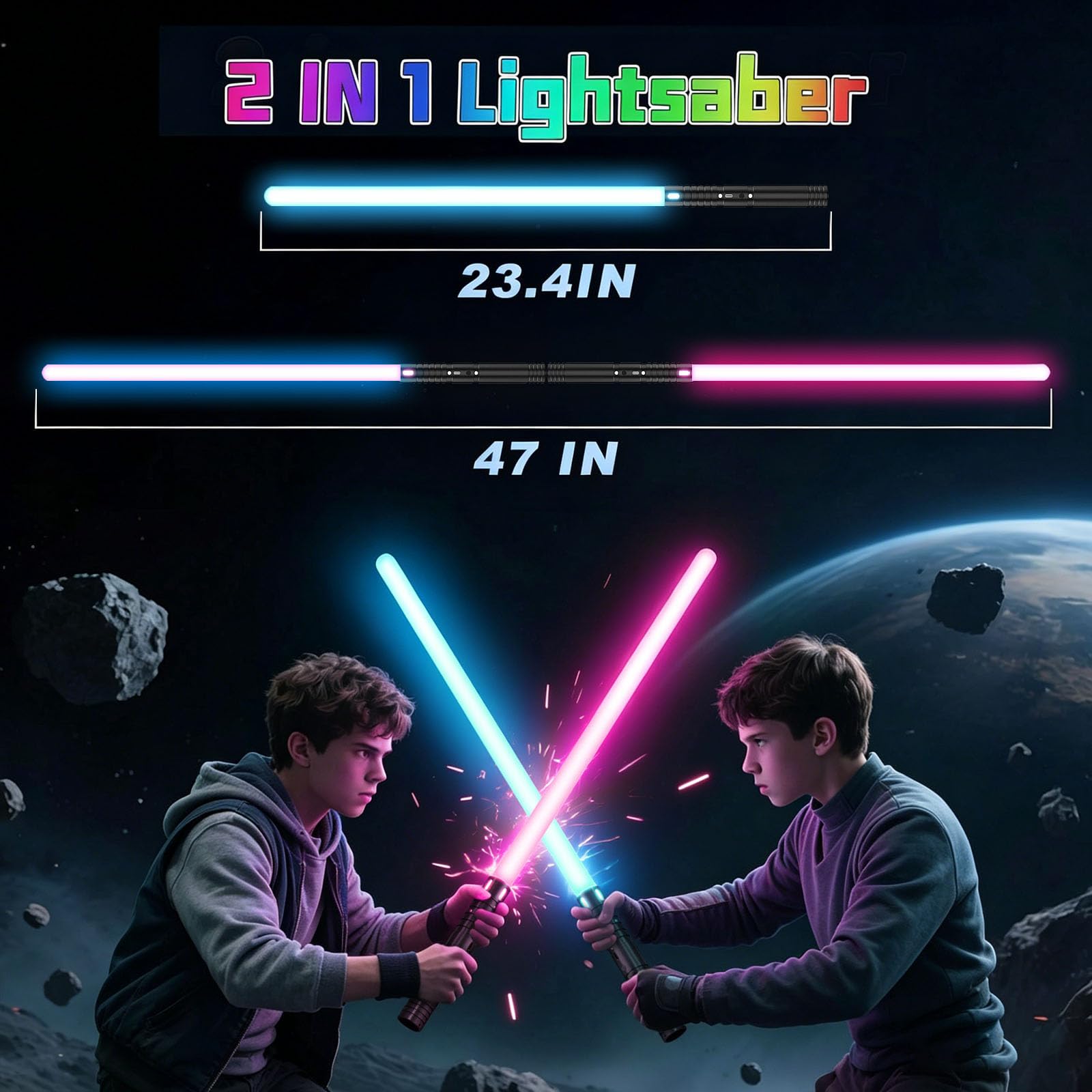 Laserschwert Kinder, 2-in-1 Lichtschwert mit 15 Farben, Duell Lightsaber mit 4 Modi und Sounds, USB-C Aufladbar Lichtschwerter, FX Laserschwert für Kinder Party, Geschenk, Cosplay (schwarz 2pc)