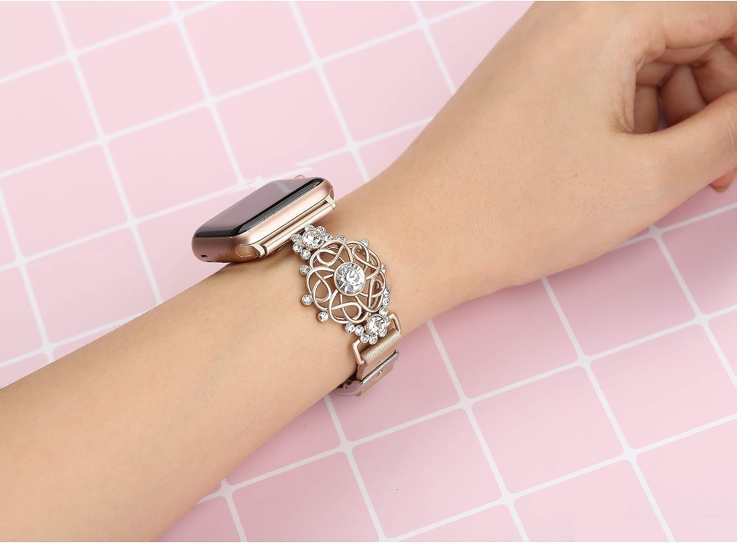 Secbolt Bling Flower Band Compatible with Apple Watch Bands 38mm 40mm 41mm iWatch Series 8/7/6/SE/5/4/3/2/1, Top Grain Leather with Rhinestones Wristband Strap Jewelry Accessories for Women (Champagne, Small)