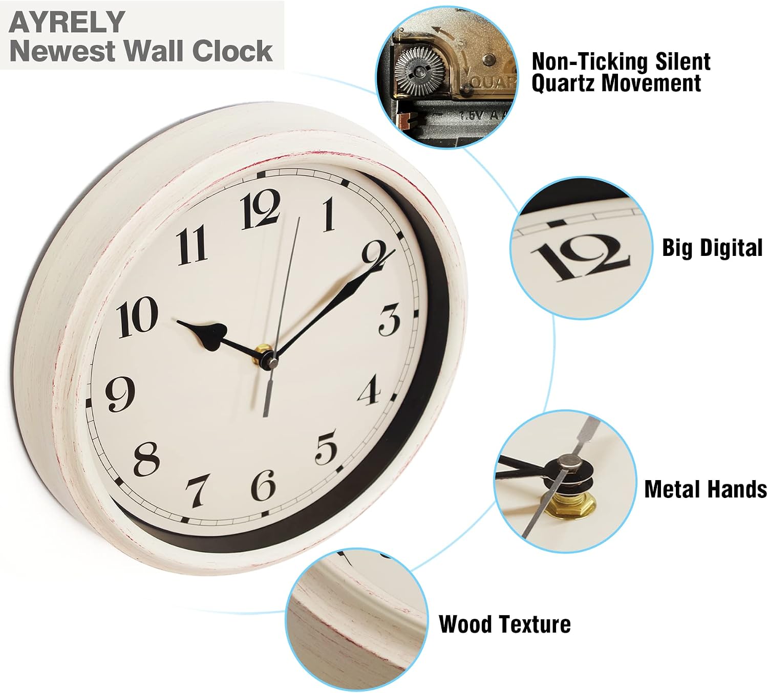 AYRELY® Decorative Vintage Wall Clock - 11Inch Silent Non-Ticking Clocks Battery Operated - Classic Decor for Living Room, Farmhouse, Kitchen, Bedroom, Bathroom (White) image 2