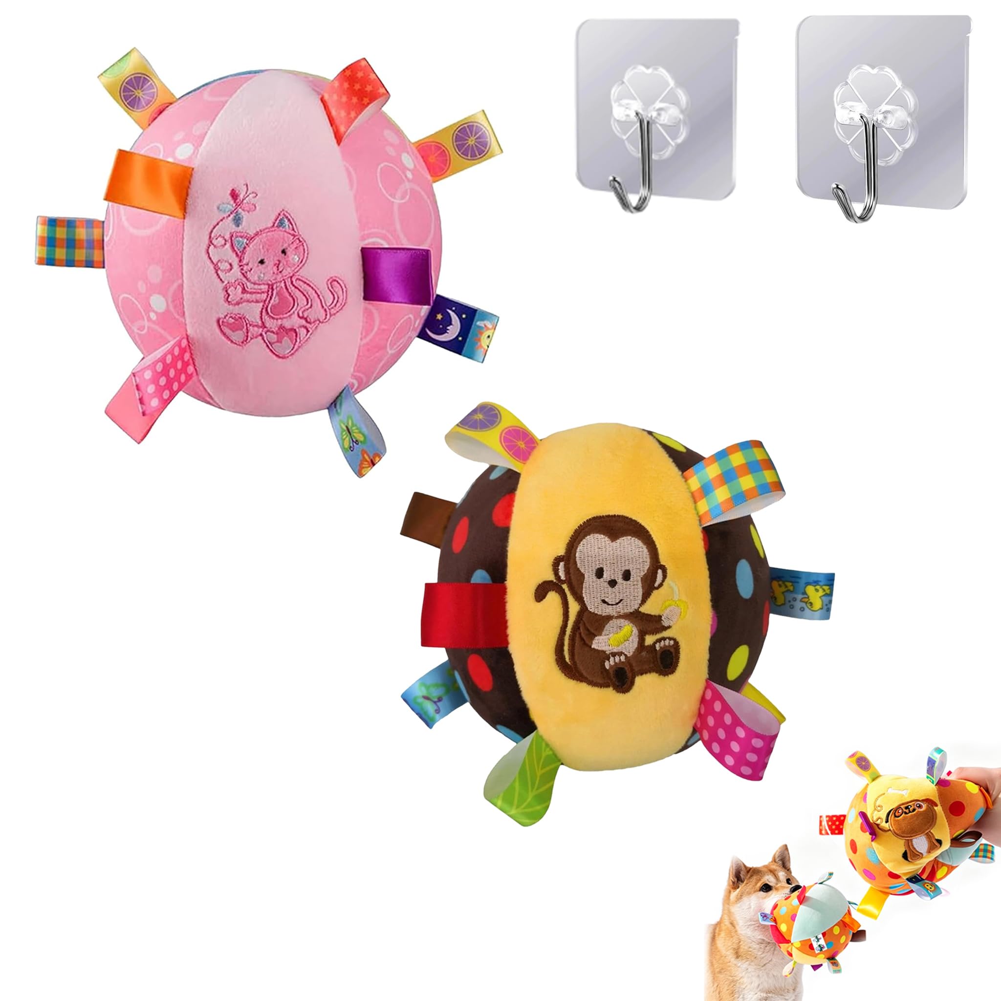 Colorful Squeaky Hanging Dog Training Toy, 6-Inch Soft Stuffed Ball with Cotton Material & Built-in Bell, Interactive Elasticity Chew Toy with Straps for Small to Large Dog (2PCS/G)