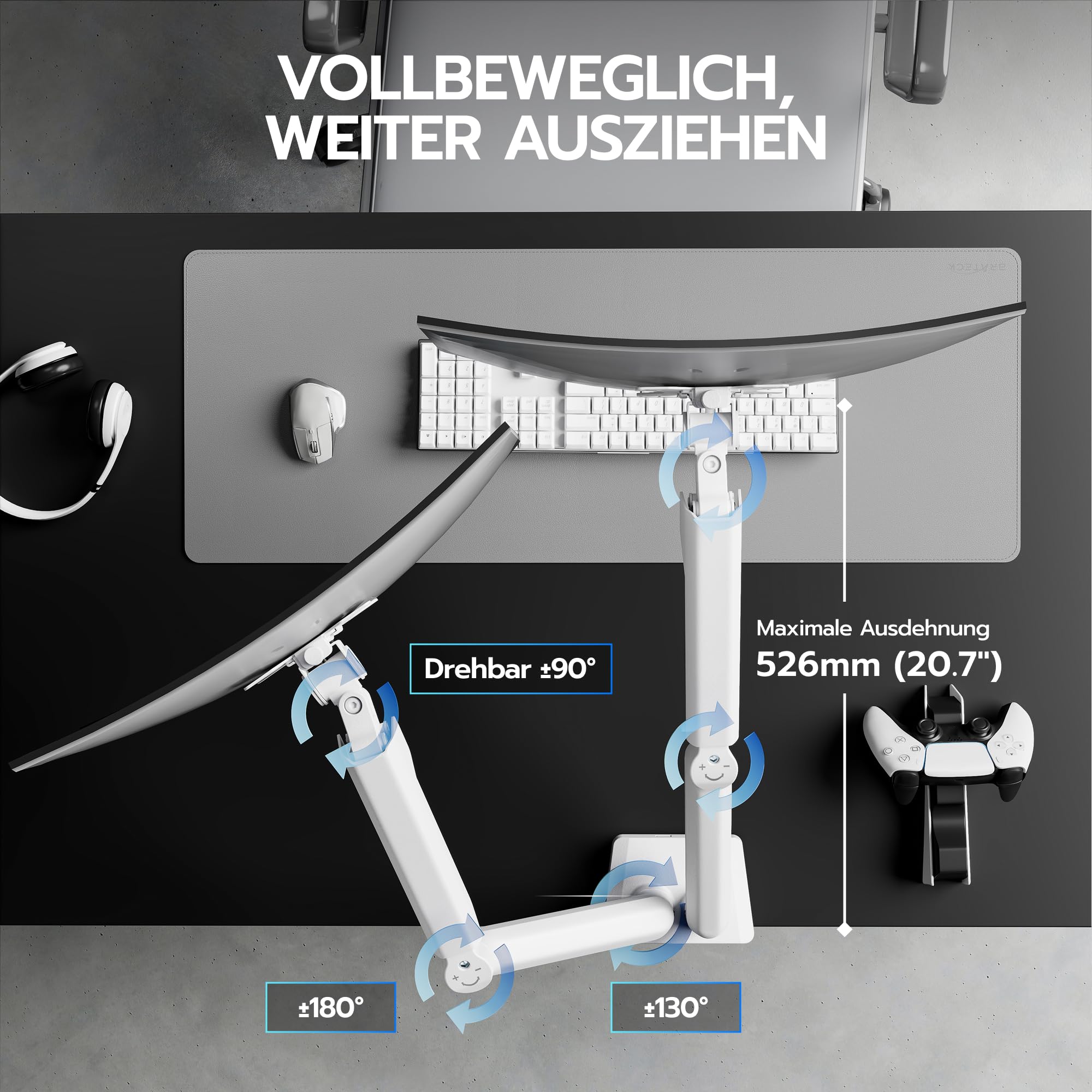 ARES WING Dual Monitorarm für 2 Monitore 17-35 Zoll, USB-A/C, Weiß | Dual Monitorarm mit 2-12 kg Tragkraft, Monitorarm mit Kabelmanagement – Neig-/Schwenk-/Drehbar, VESA 75/100 mm