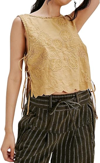 Tie Front Tops for Women Sleeveless V Neck Floral Embroidered Tank Y2k Sexy Cute Going Out Crop Vest Shirt