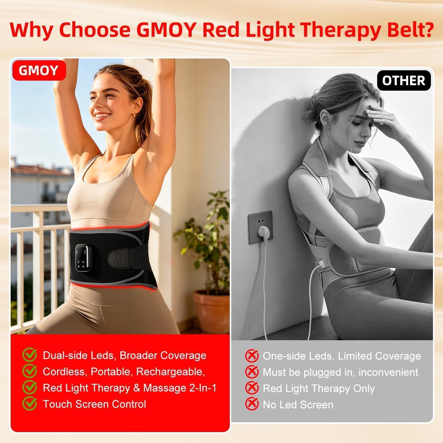 Red Light Therapy Belt, Cordless Warmth & Massage, Dual-Side 660nm & 850nm