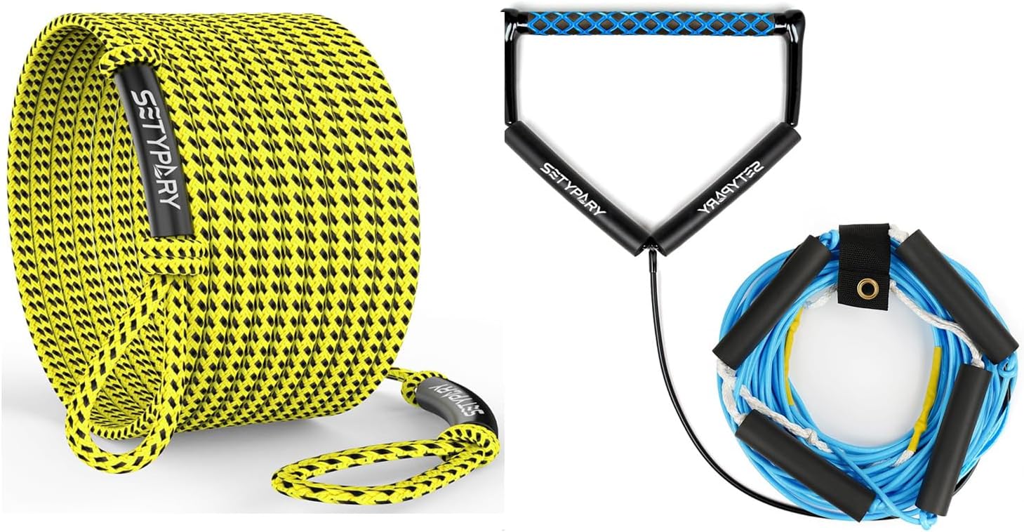 4K 60FT Heavy-Duty Boat Tow Rope (Yellow & Black) & 75FT No-Stretch Dyneema Wakeboard Rope (Light Blue) Combo - Floating Tow Ropes for Wakeboarding, Tubing, Waterskiing