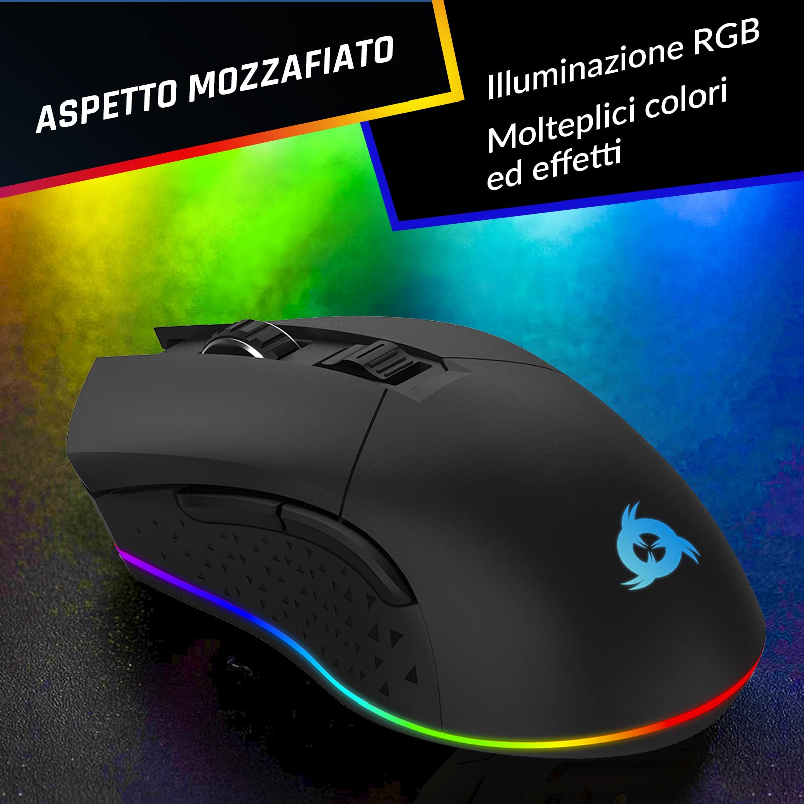 Blaze Mouse Gaming Wireless RGB Ricaricabile, Regolabile Fino a 10000 DPI | Sensore ad Alta Precisione con Batteria di Lunga Durata, Modalità e Cavo, Libertà Totale per Dominare il Gioco - Black
