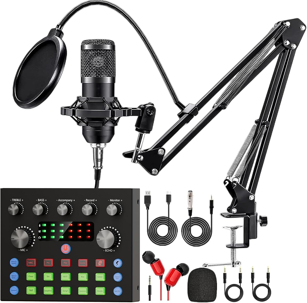 Paquete de equipo de podcast, paquete de estudio de grabación con micrófono de podcast y cambiador de voz, tarjeta de sonido en vivo - Interfaz de audio para computadora portátil Vlog Living Broadcast Transmisión en vivo YouTube TikTok