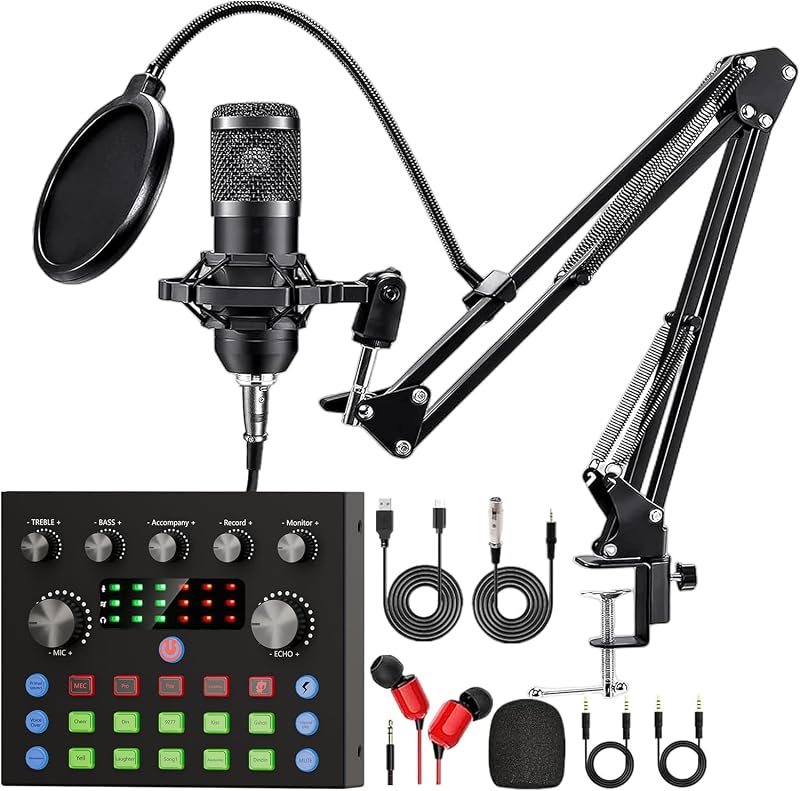 Paquete de equipo de podcast, paquete de estudio de grabación con micrófono de podcast y cambiador de voz, tarjeta de sonido en vivo - Interfaz de audio para computadora portátil Vlog Living Broadcast Transmisión en vivo YouTube TikTok