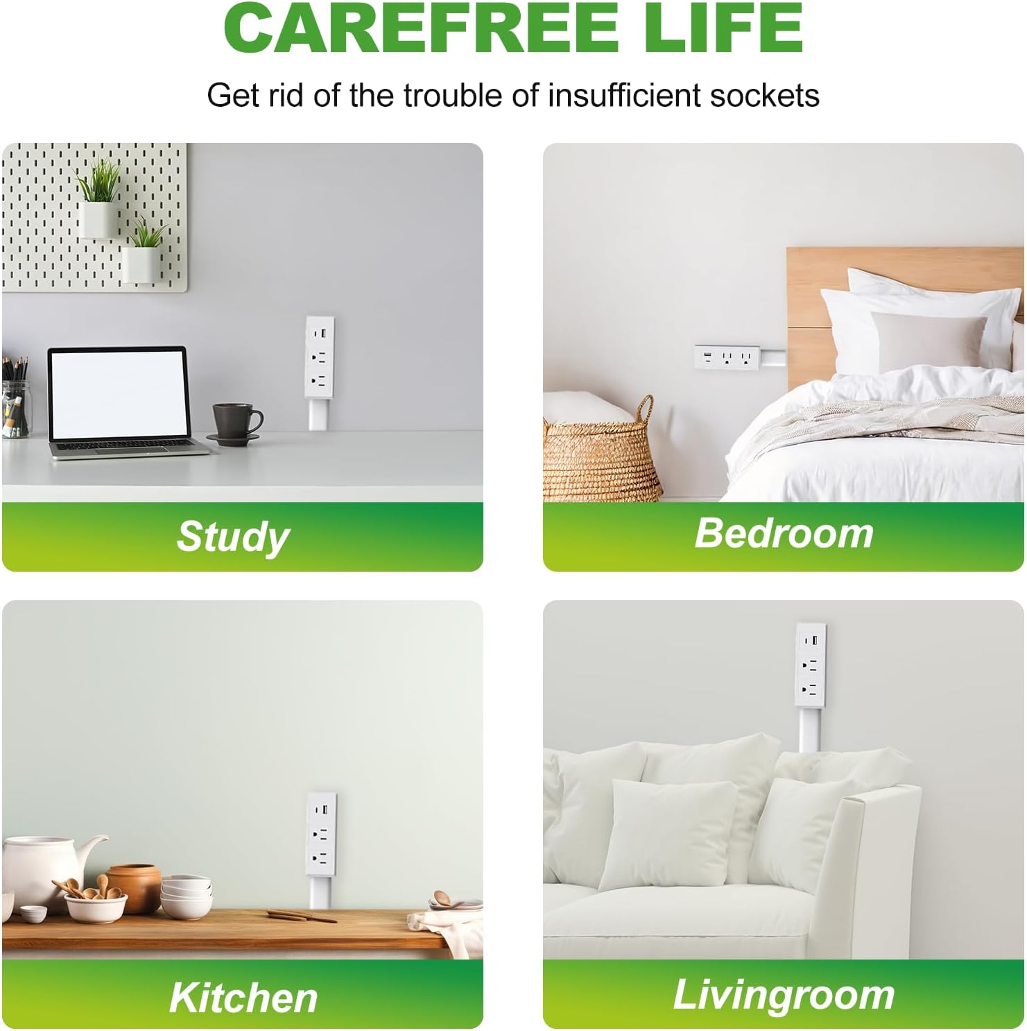 Rotates 180° Electrical Outlet Extender with 2 AC 1 USB-A 1 Type-C,Extends 17"-27" Power Outlet Extender Stick Access Hard-to-Reach for Bedroom Office Behind Couches Nightstands Desks Sofa