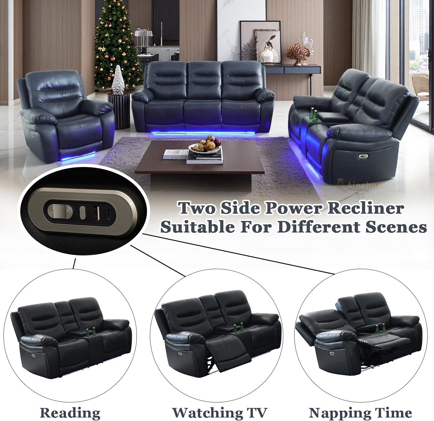 A Ainehome LED Power Recliner Sofa for Living Room Furniture Set, Leather Sectional Sofa Set, Reclining Couch and loveseat Chair with USB Port/Storage Console/Cup Holders,Black