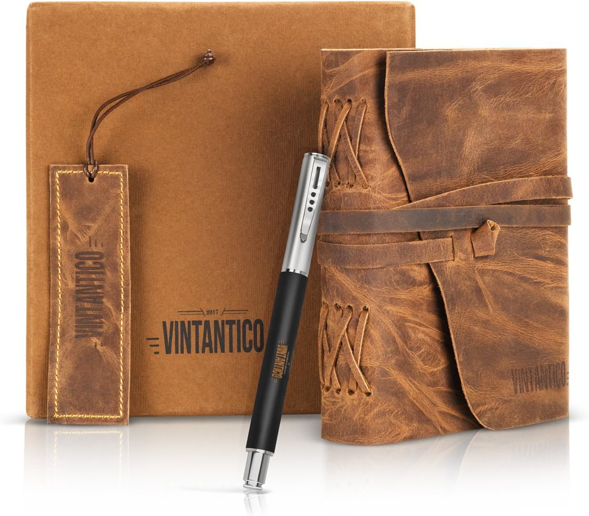 Genuine Handmade Leather Journal Gift Set – Buffalo Leather Bound Notebook with Unlined Pages – Rustic Travel Sketchbook with Pen and Bookmark for Men and Women – Vintage Bound Diary by Vintantico