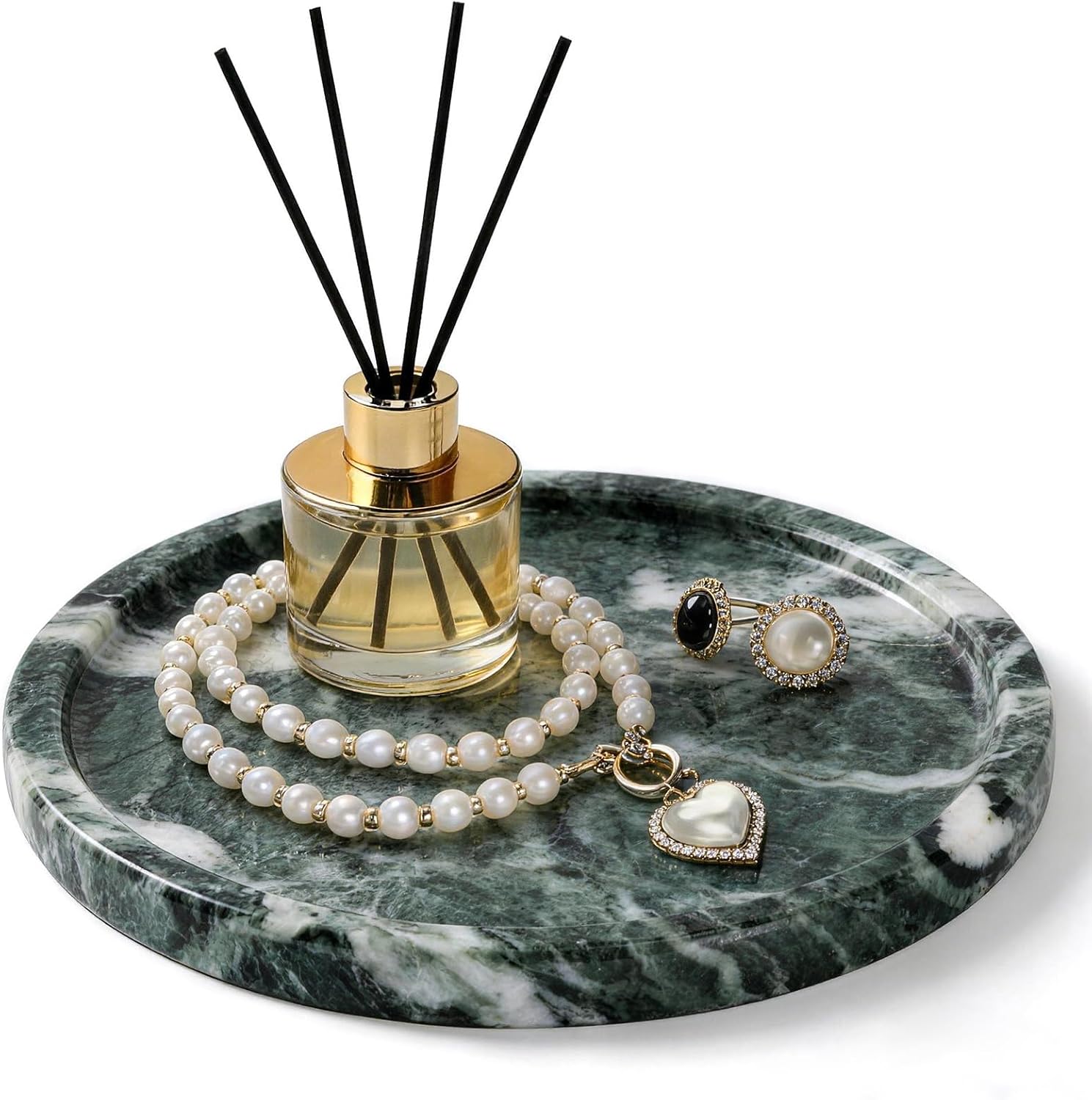 Natural Round Marble Tray - 7.8" Marble Vanity Tray for Dresser, Bathroom, Decorative Jewelry Dish for Perfumes Rings Earrings Necklaces, Stone Tray for Home Décor, Green
