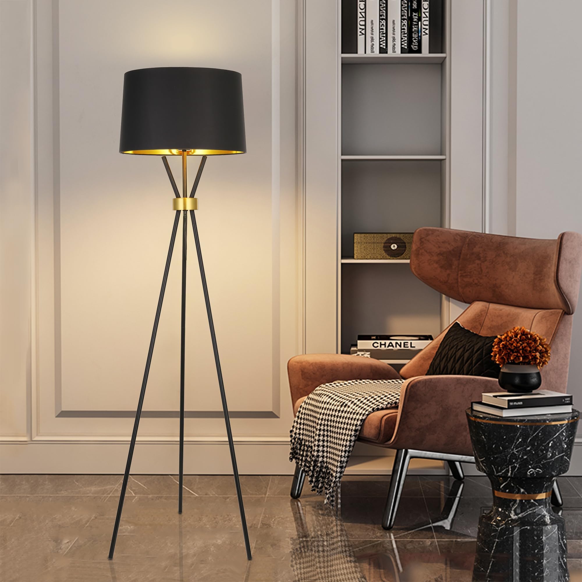 Nordic Luxury Tripod Floor Lamp - European Style Living Room & Bedside LED Corner Light - Beaumont Black/White and Copper Finish, Warm White (3500K), AC 85-265V, Modern Aesthetic