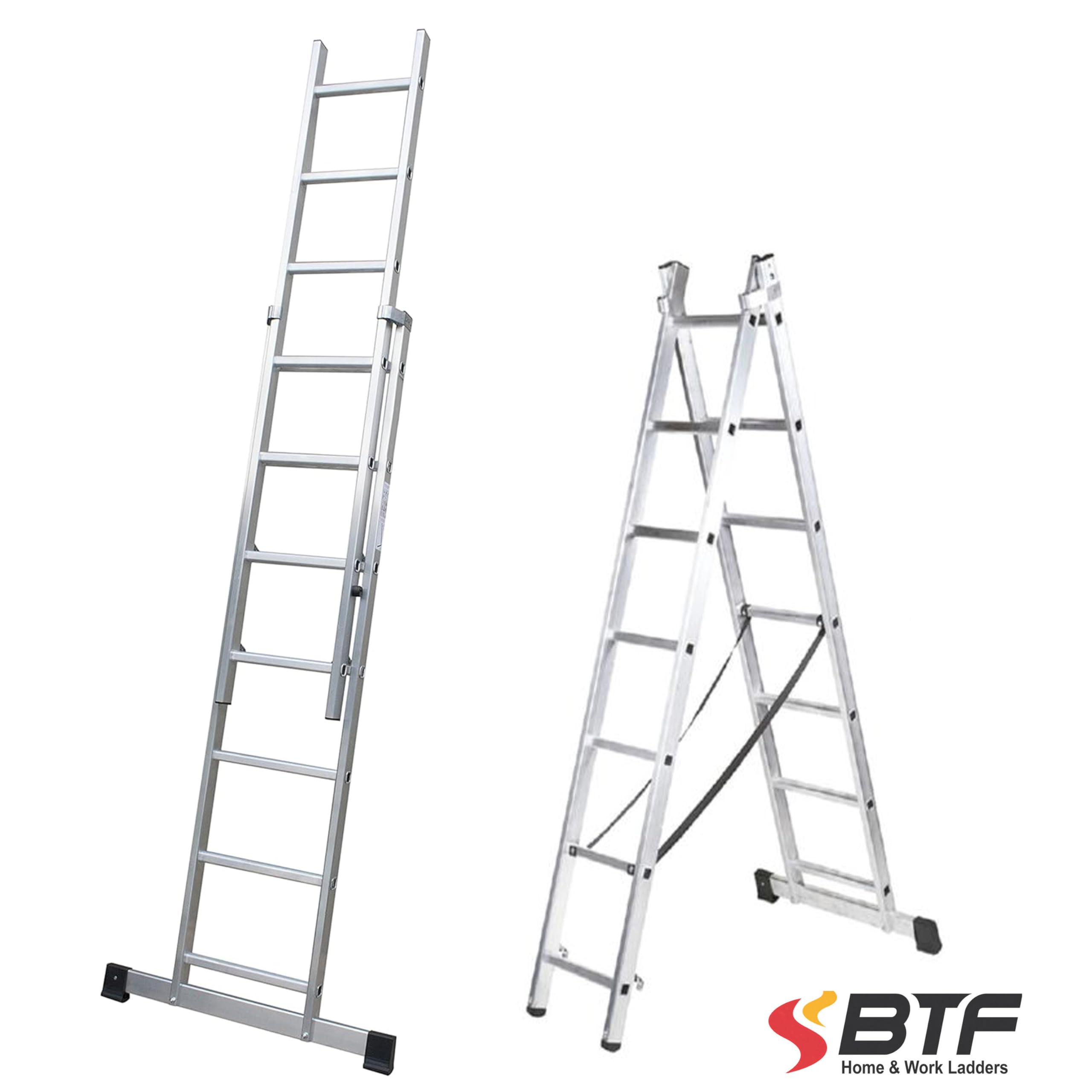 BTF Andamio Multifunción 4 en 1 en Aluminio | Convertible en Escalera Plegable, de Apoyo, Extensión y Plataforma Regulable en Altura, Capacidad 150kg, Ruedas y Barandilla. Ref: BTF-A1009027