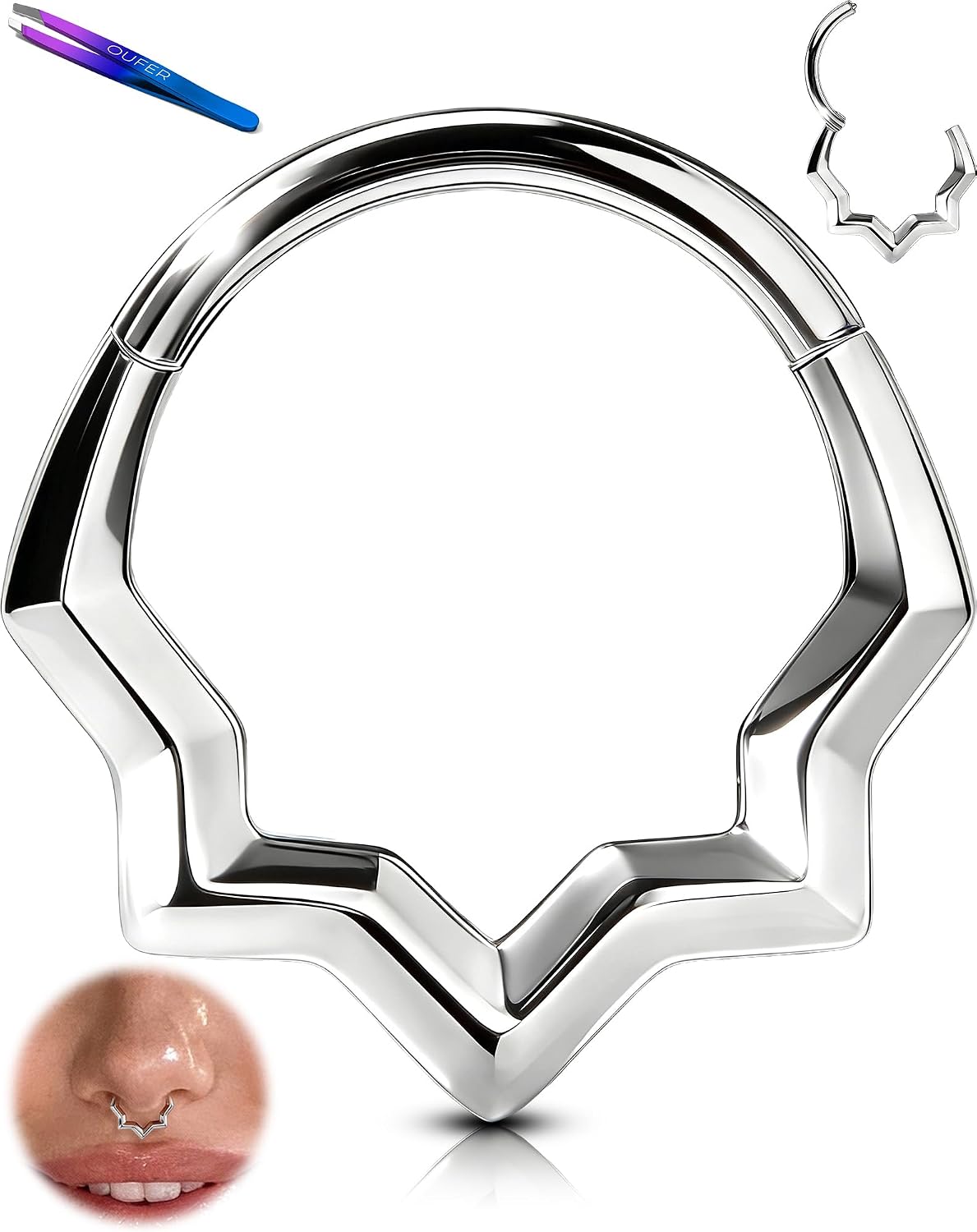 OUFER 16G Hinged Septum Ring, 8mm/10mm Geometric Star Clicker Hoop
