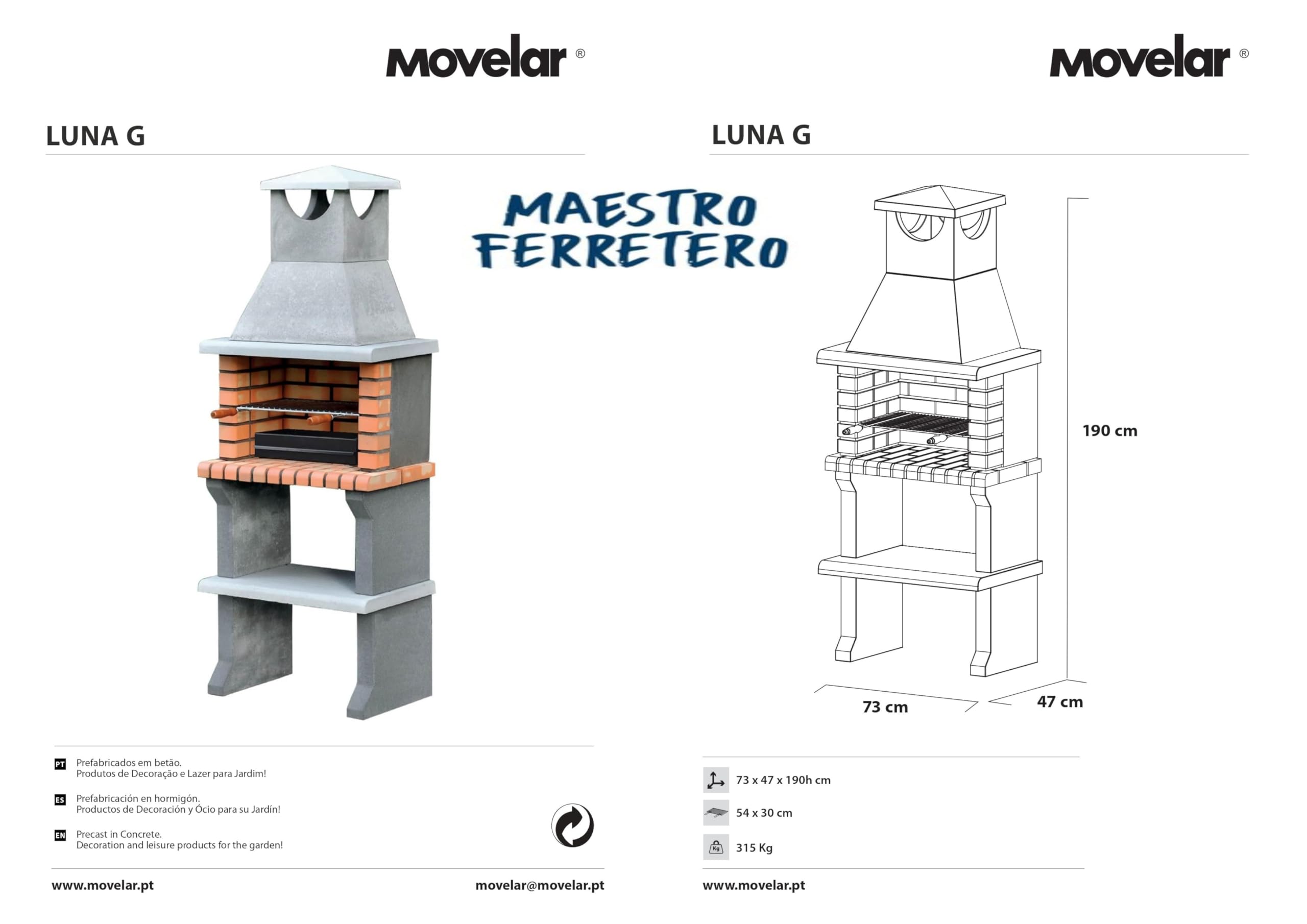MOVELAR - Barbacoa de Obra Prefabricada de Leña y Carbón Modelo Luna XL (Gris, Naranja - 73 x 47 x 190 cm) REF: 3540/1 - Cocina de Exterior Compacta para Jardín, Terraza o Patio