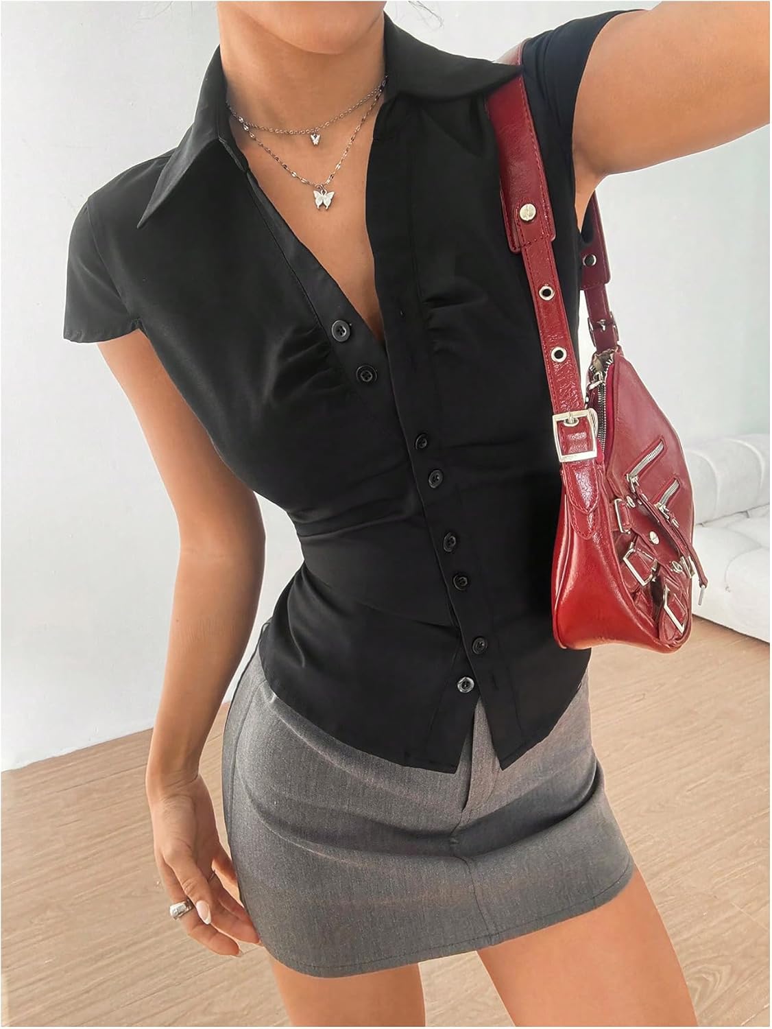 SweatyRocks Women's Ruched Button Down Shirt Short Sleeve Tie Back Fitted Blouses - Image 3