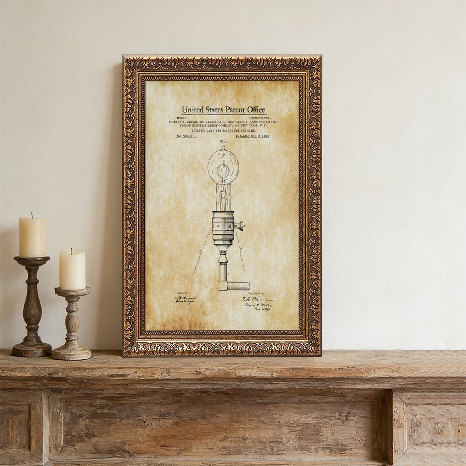 WCYB Lampa elektryczna Patent Nadruk Thomas Edison Vintage Plakaty Druki Płótno Deco Obrazy Sztuka Ścienna Wisząca Rama 20 cm L X 30 cm W