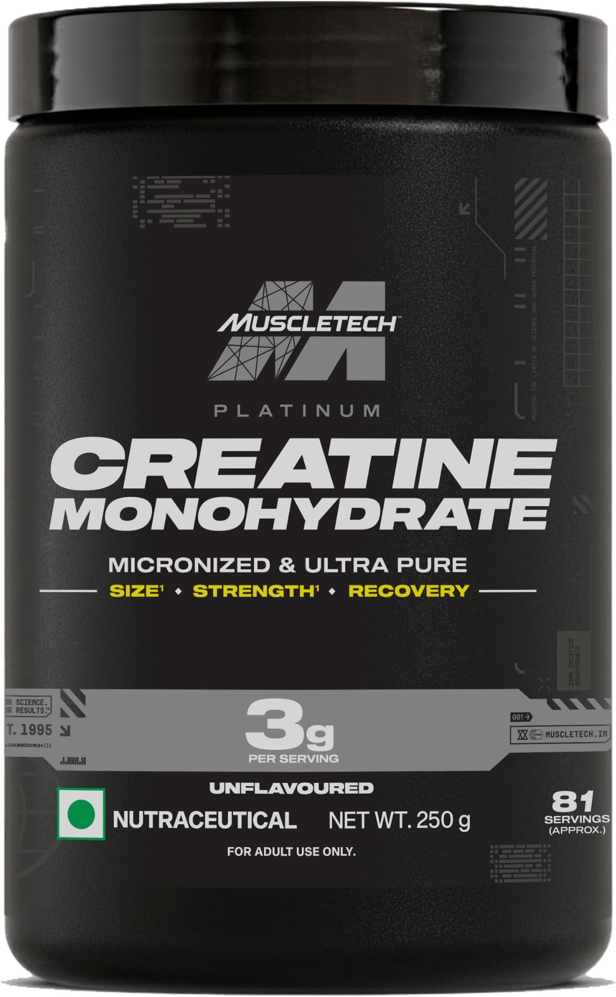 MuscleTech Platinum Creatine Micronized Powder | 81 Servings | Creatine Monohydrate | Supports Strength, Power & Muscle Recovery | MuscleTech Creatine Unflavoured - 250g