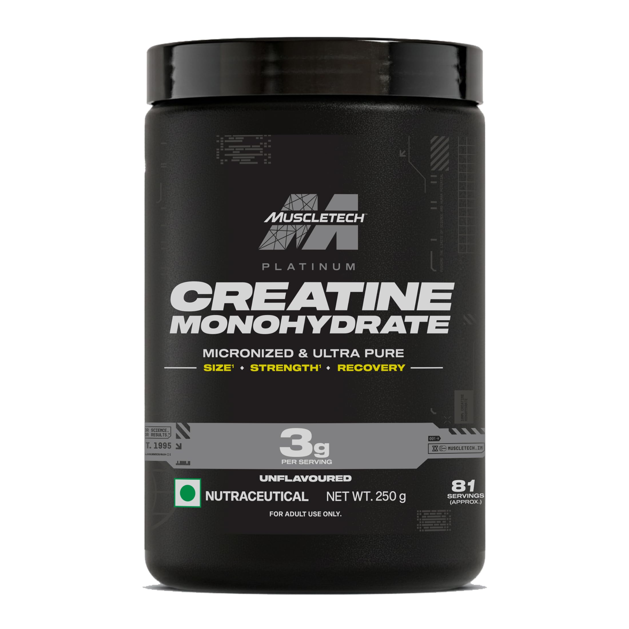 MuscleTech Platinum 100% Creatine Monohydrate Powder | 3 g Creatine Per Serving | Supports Strength, Power & Muscle Recovery | Unflavoured | 81 Servings (250 g)