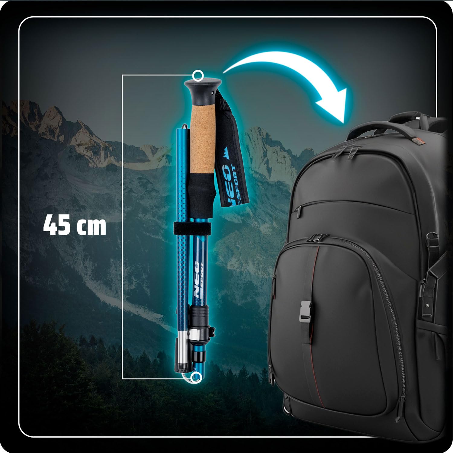 EO-Sport Trekking Bâtons de Marche Marche Nordique Pliant Réglable 85-130 cm Aluminium Liège Poignée 1 Paire