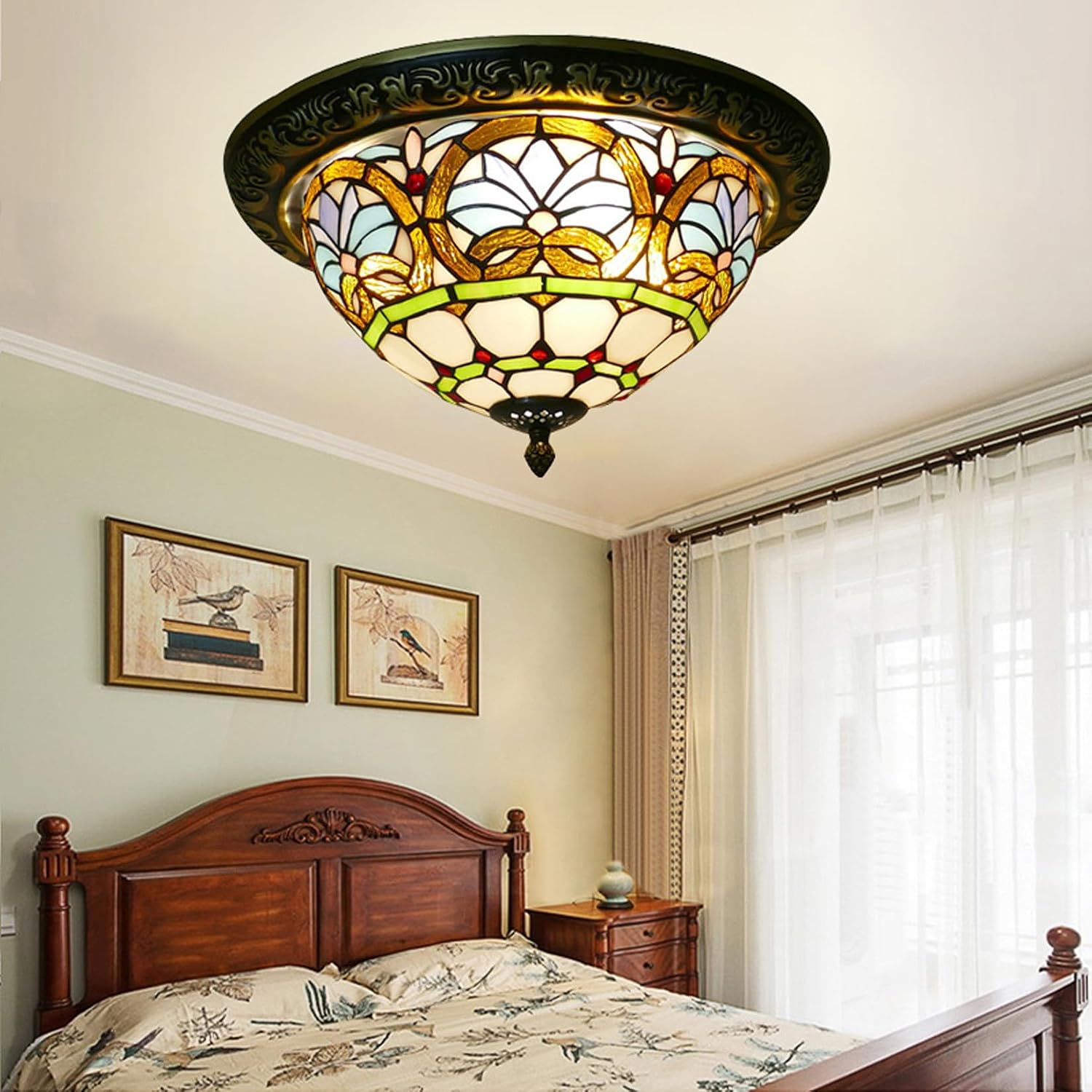 Tiffany Style Baroque Ceiling Lights Vintage Stained Glass Ceiling Lamp Traditional Flush Mount Ceiling Light Fixture for Bedroom Living Room Hallway Foyer,12inch