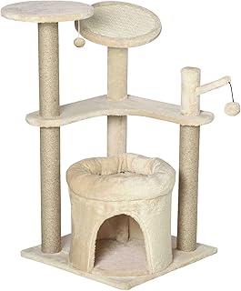 PawHut Cat Tree Tower Kitten Multi-Level House with Condo Bed Scratching Post Pad Perch Ball Toy 19x19x34.25 Inches, Beige