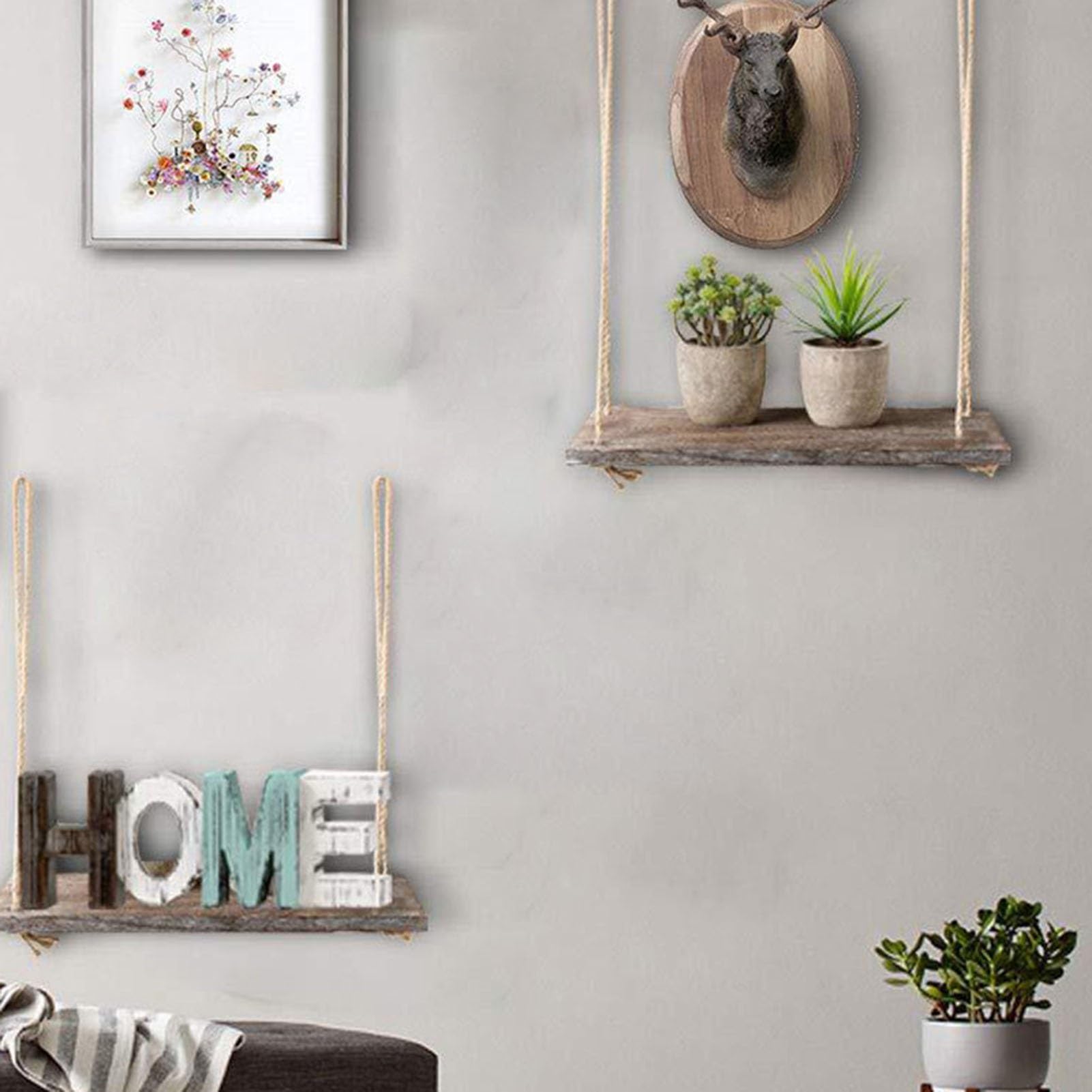 Schwebende Wandregale, Schaukel-Aufbewahrungsregal für die Wand, Hängeregale aus Holz mit gewebtem Seil, Hängendes Pflanzenregal, Gestell, Display, Boho, rustikale Wandregale, Raumdekor (Bra